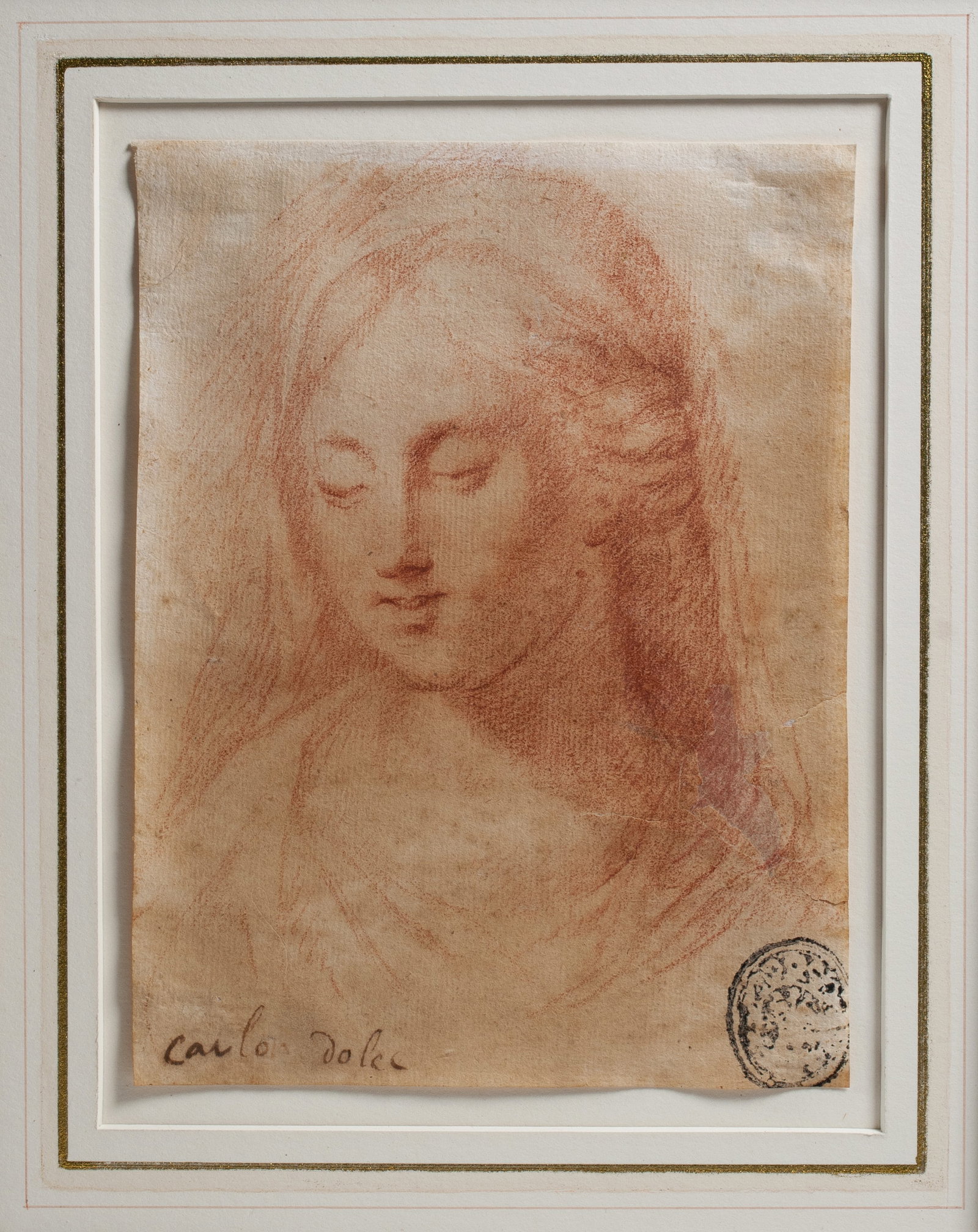 Carlo Dolci (1616 - 1686) Italian Old Master Drawing: Portrait of a Woman Old master drawing by Italian artist, Carlo Dolci (1616-1686). A sensitive study of a veiled woman, possibly the Virgin Mary. Executed in red chalk on laid paper. Circa 1660. Matte