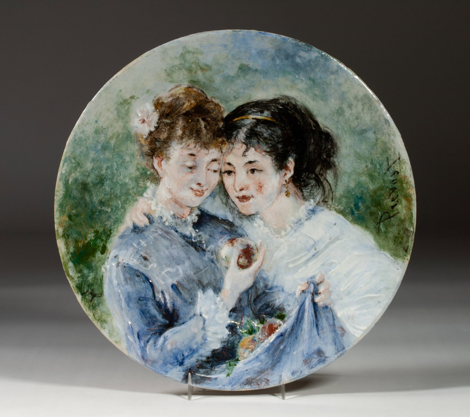Alexandre Prevost (1832-1910) French Impressionist Barbotine Painted Plaque: Unique earthenware charger painted in the Impressionist - Barbotine manner by well-listed French artist, Alexandre Prevost (1832-1910). Circa 1880. Made and painted in Paris at the Charles Houry Ateli
