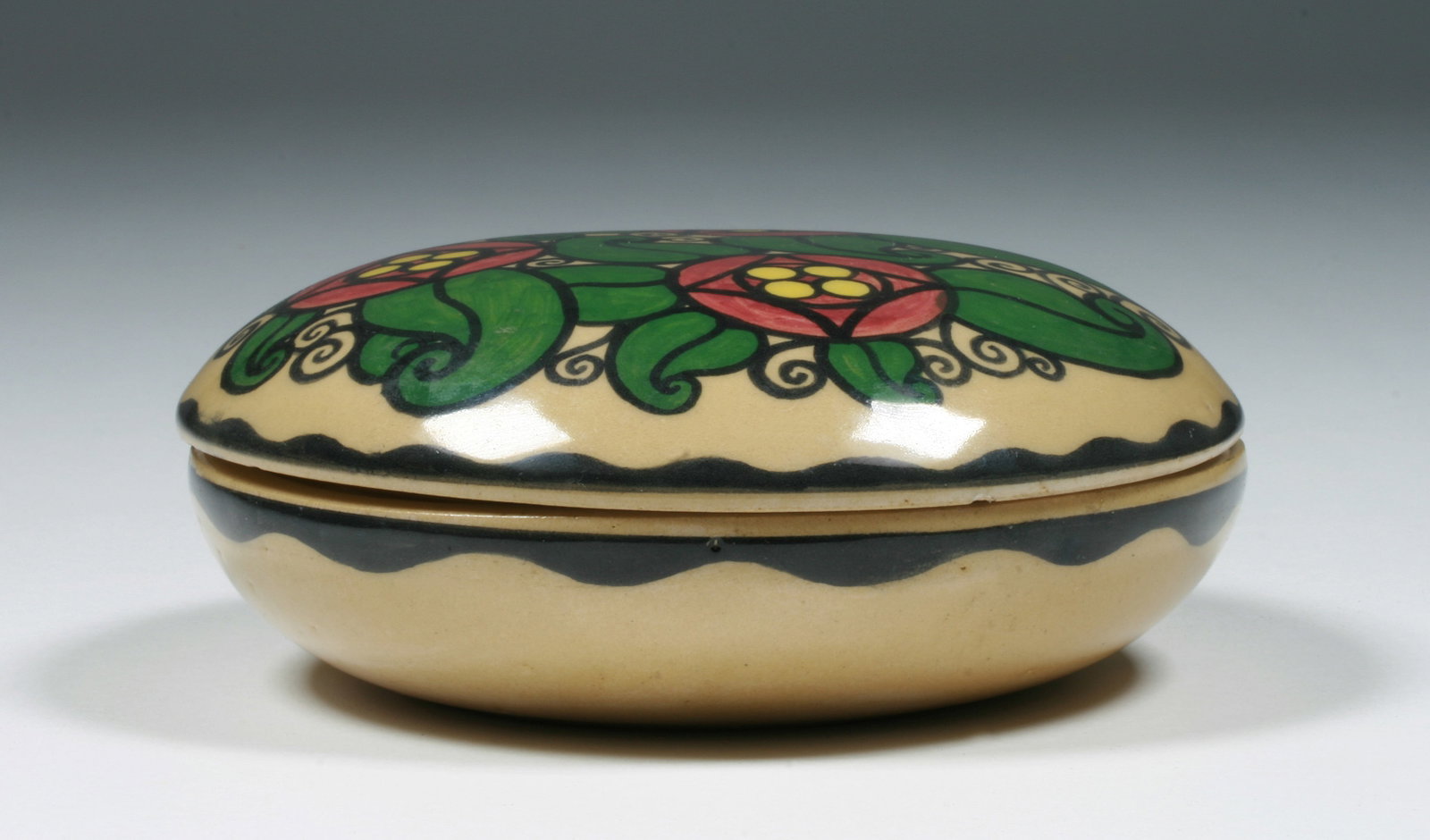 Italian Arts & Crafts Ceramic Box - S.I.P.L.A. ROMA: Hand-painted Italian ceramic powder box by SIPLA, of Rome (1919-1923). Designed by Giulio Rufa in the Art Nouveau - Austrian Secessionist - Italian Arts and Crafts style. Circa 1920. Signed under the 