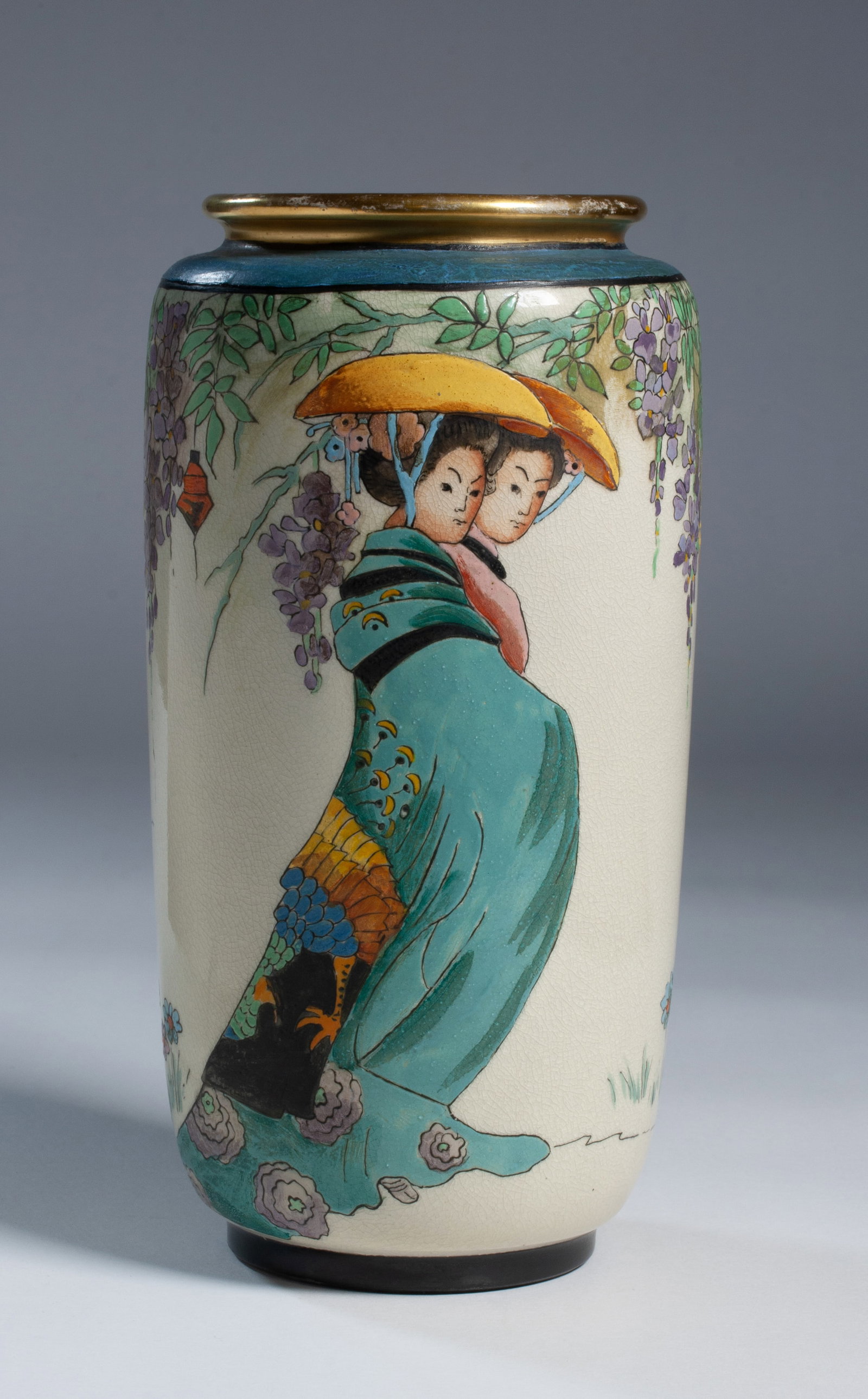 American Satsuma Vase - Arts & Crafts Circa 1910: Fine American Satsuma hand painted arts and crafts vase. Satsuma ware blank beautifully decorated in a Japanese - Orientalist style quite similar to the work of Bertha Lum (1869-1954). Unsigned. The v