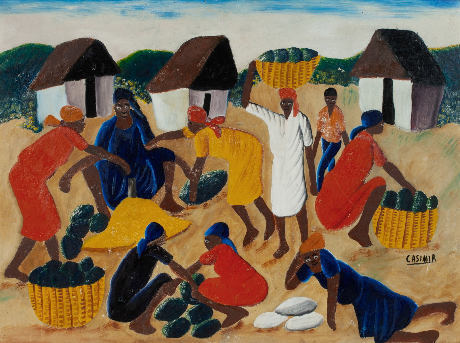 Laurent Casimir (1928-1990) Haitian Oil Painting 1950's: A Naive rural market scene by well-known Haitian artist, Laurent Casimir (1928-1990). Circa 1950's, an early work. Oil on masonite. Framed. Signed lower right by the artist. Various notations on the b