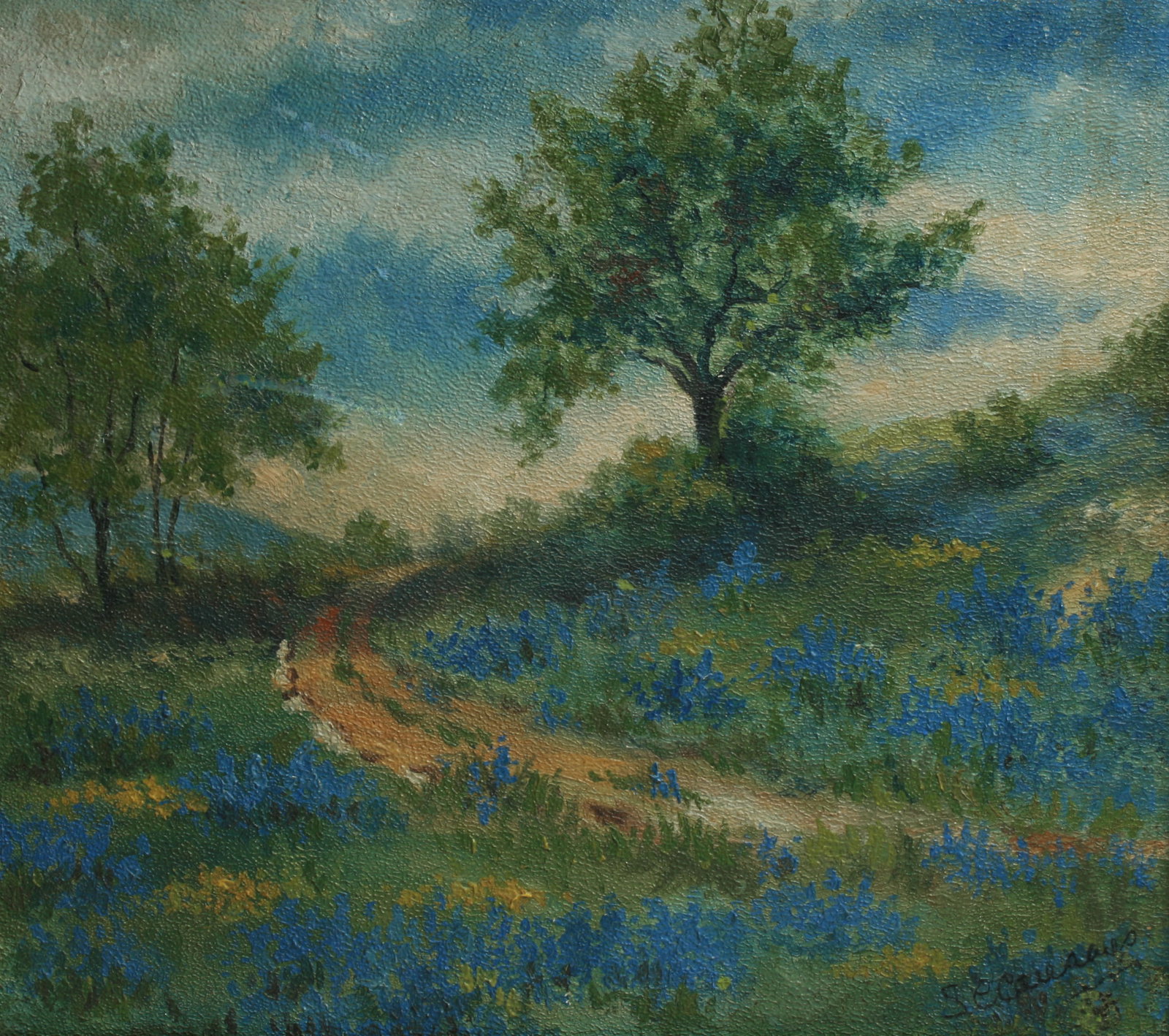 Old Texas Impressionist Painting - Bluebonnets - Signed: An old Texas landscape painting. Circa 1910. The painting is signed, lower left, please see the photographs. Oil on academy board. Mounted in the original gold frame which bears a partial label of the