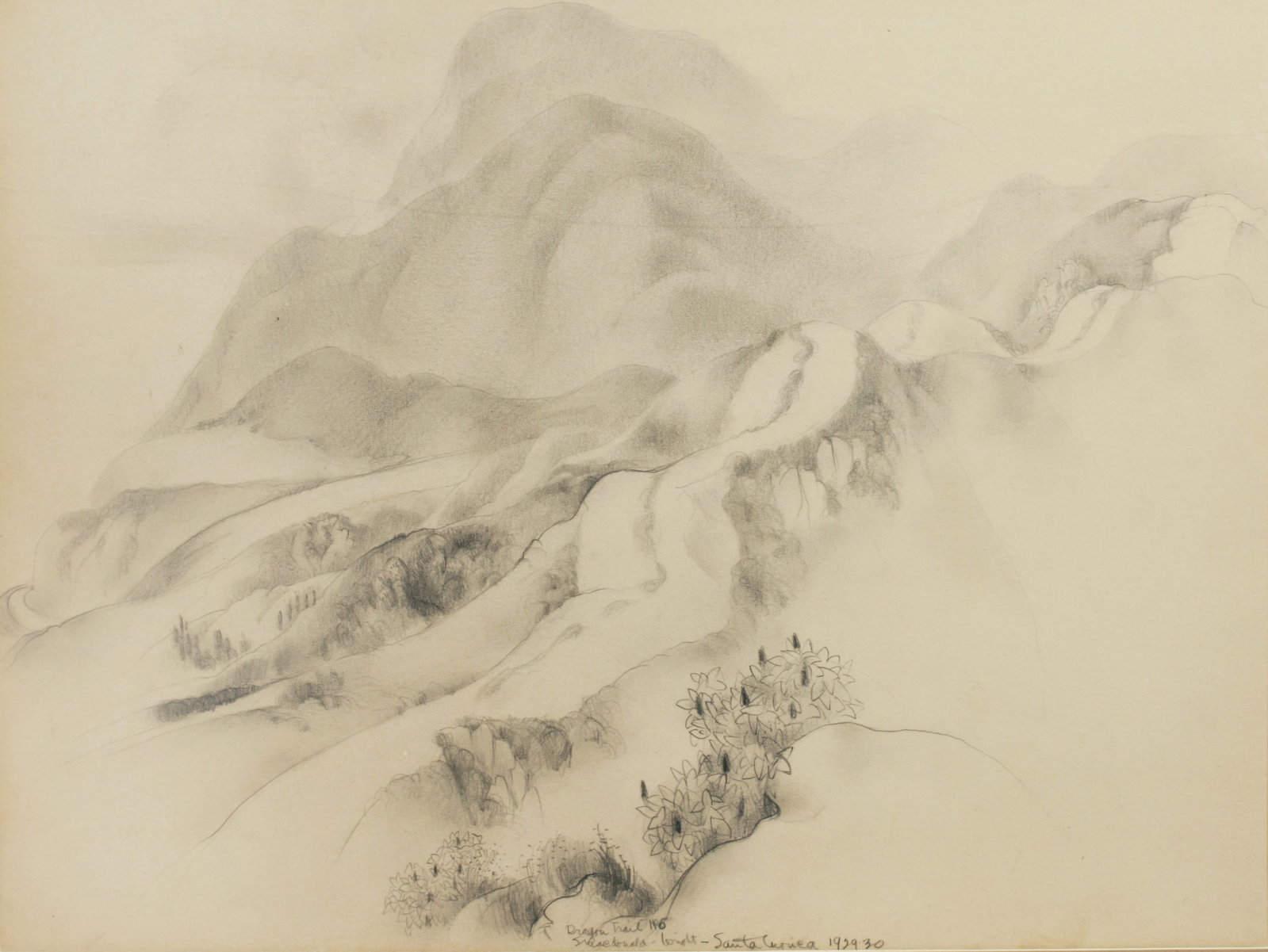 Stanton Macdonald-Wright (1890-1973) Original Signed Pencil Drawing 1921: Large signed pencil drawing by California artist, Stanton Macdonald Wright. Circa 1930. Titled, "Dragon Trail No. 6 - Santa Monica" and dated "1929-30". Graphite on light cream colored board. Signed l