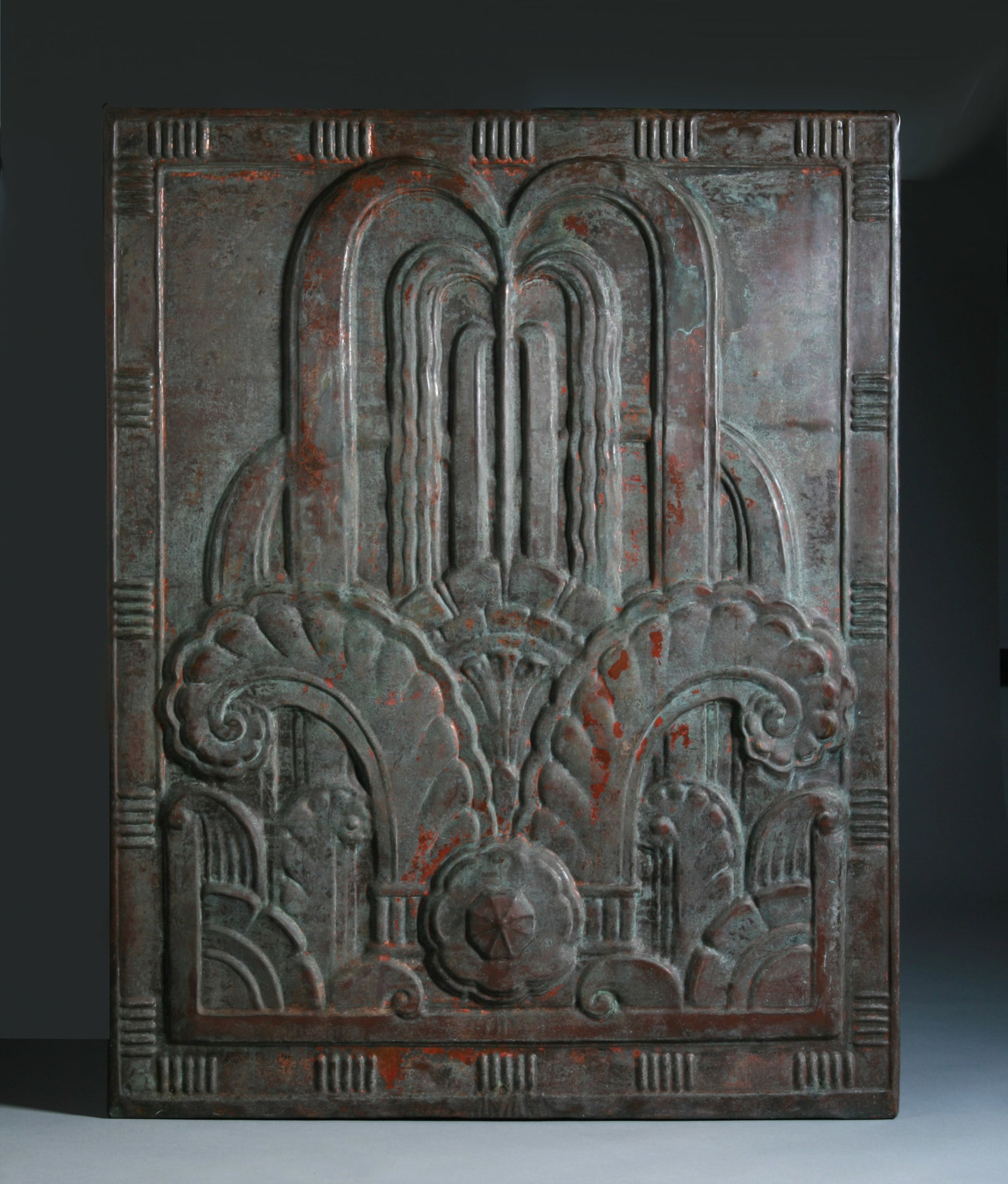 Architectural Copper Panel - Boston Arts & Crafts - Deco: Art Deco - Arts & Crafts design copper architectural panel mounted on a wooden frame. Decorated with elegant stylized designs in relief. This panel was designed in the 1940;s for the facade the Boston