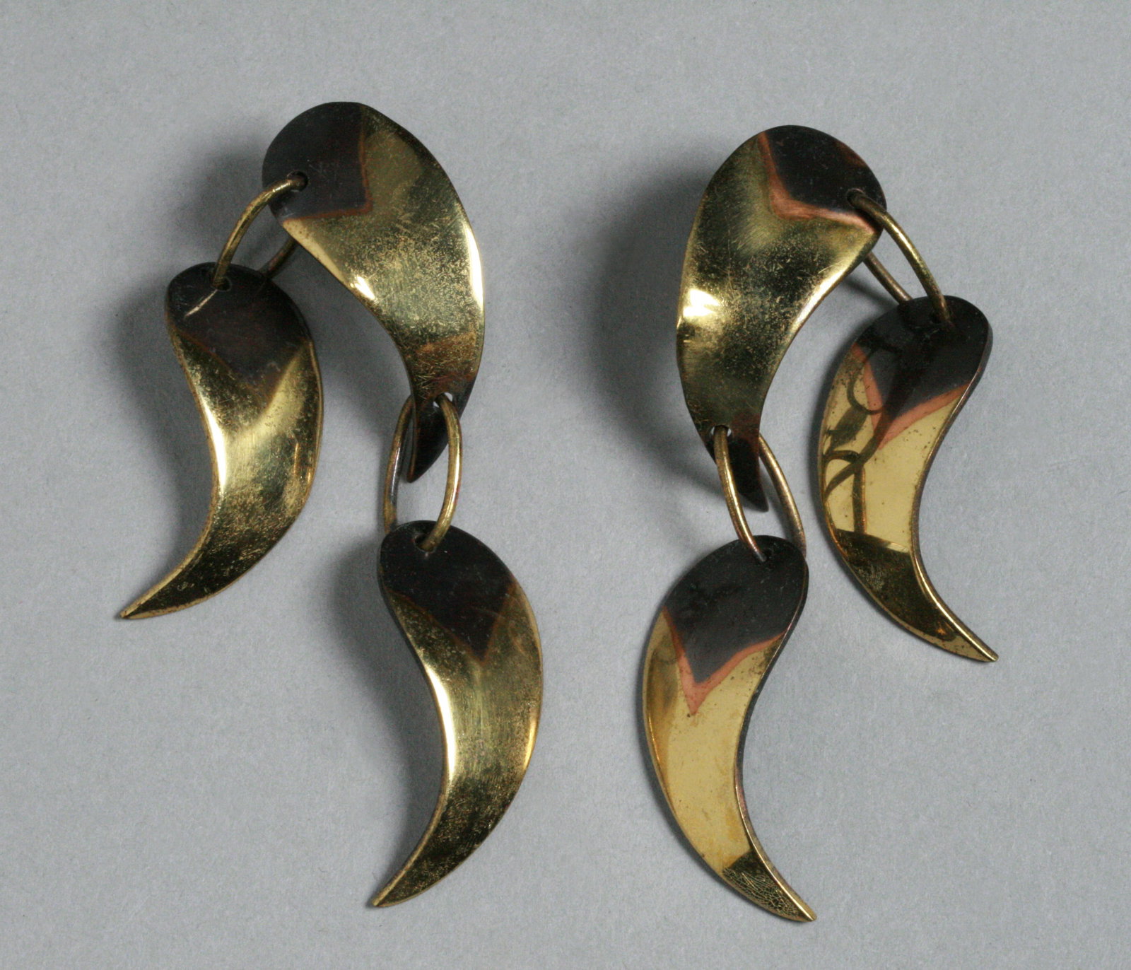 Art Smith Modernist Design Earrings - Signed: Modernist earrings designed and made by well known mid-century African American jeweler, Art Smith (1917–1982). Signed on the back of both earrings, "Art Smith". Three piece, dangling design made fr