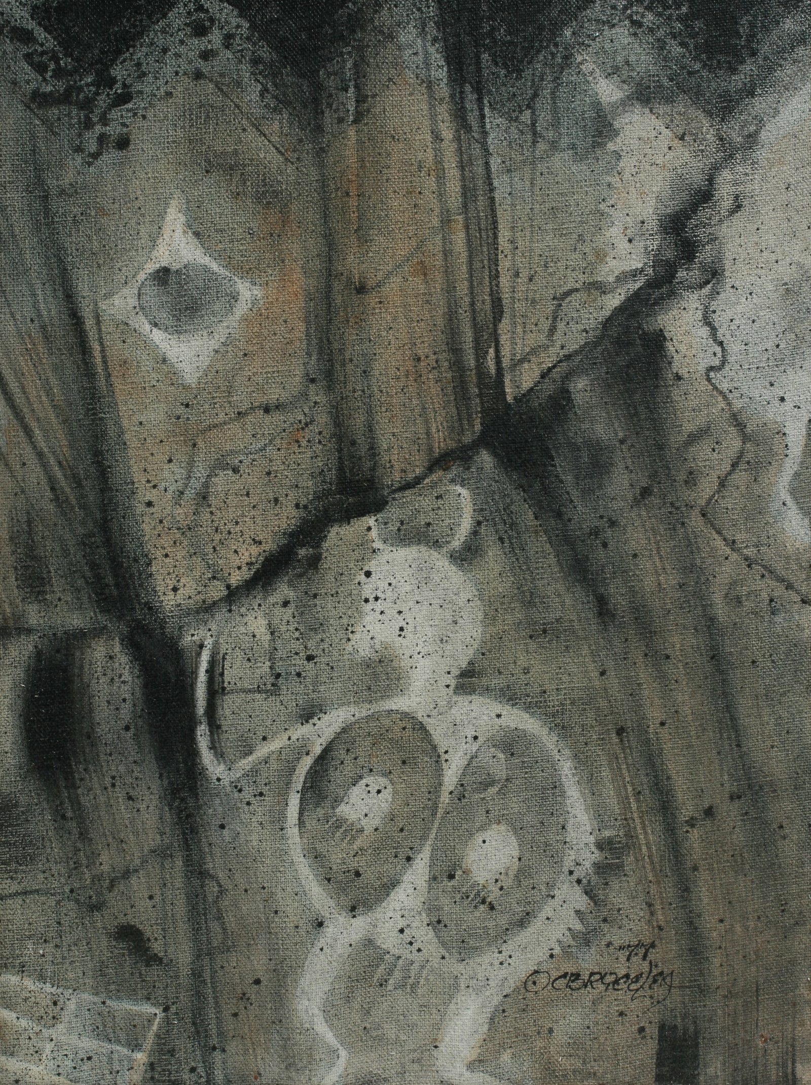 Clifford Brycelea - Painting of Petroglyphs, New Mexico - Native American Artist: An early painting in the modernist -expressionist style by Navajo artist, Clifford Brycelea (born 1953). Oil on canvas. Framed. Signed by the artist, lower right "C Brycelea" and dated 1977. Titled by