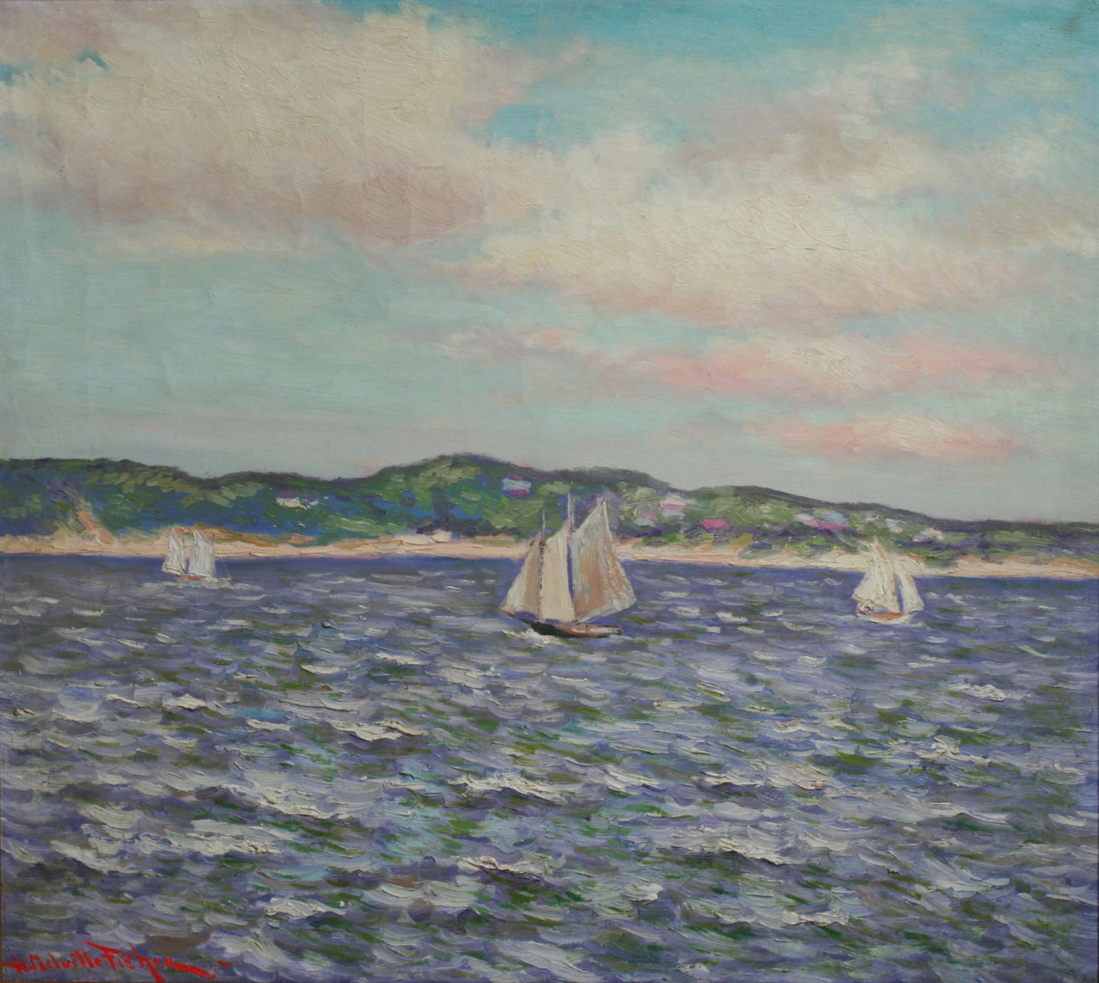 Hugo Melville Fisher (1878 - 1946) Impressionist Painting: A large Impressionist painting of the Coast of France by California / American artist, Hugo Melville Fisher (1878 - 1946). Oil on canvas. Framed. Signed by the artist, lower left. Circa 1935. Very muc