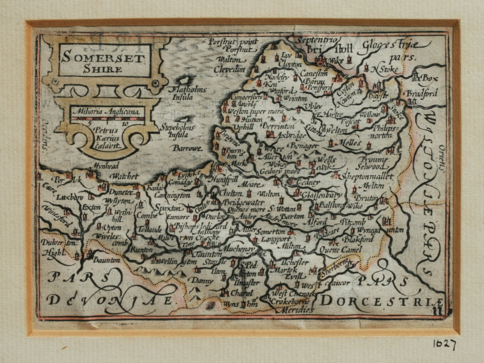 Antique 1697 Map of Somerset Shire England: A 17th Century map of Somerset Shire, England by Pieter Van den Keere. Matted. Framed with glass. Publication: England, Wales, Scotland and Ireland Described, London, Roger Rea the Elder and younger. 