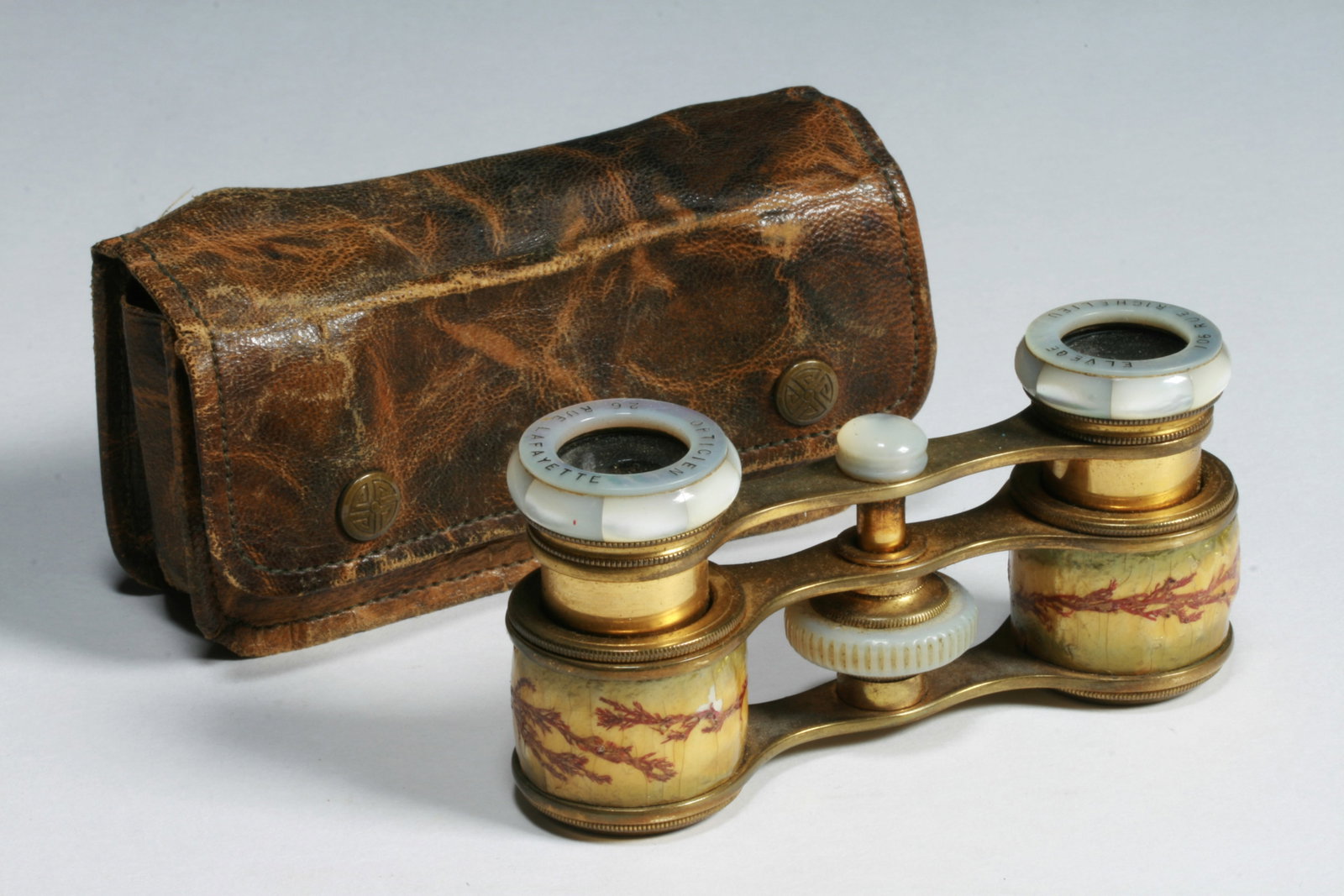 French Enameled Opera Glasses - Colmont Elvege, Paris - Seaweed Design: A fine pair of French enameled opera glasses by Colmont, Paris. Circa 1900. With original leather case. Decorated in the Art Nouveau style with painted seaweed strands on an enameled background, Has t