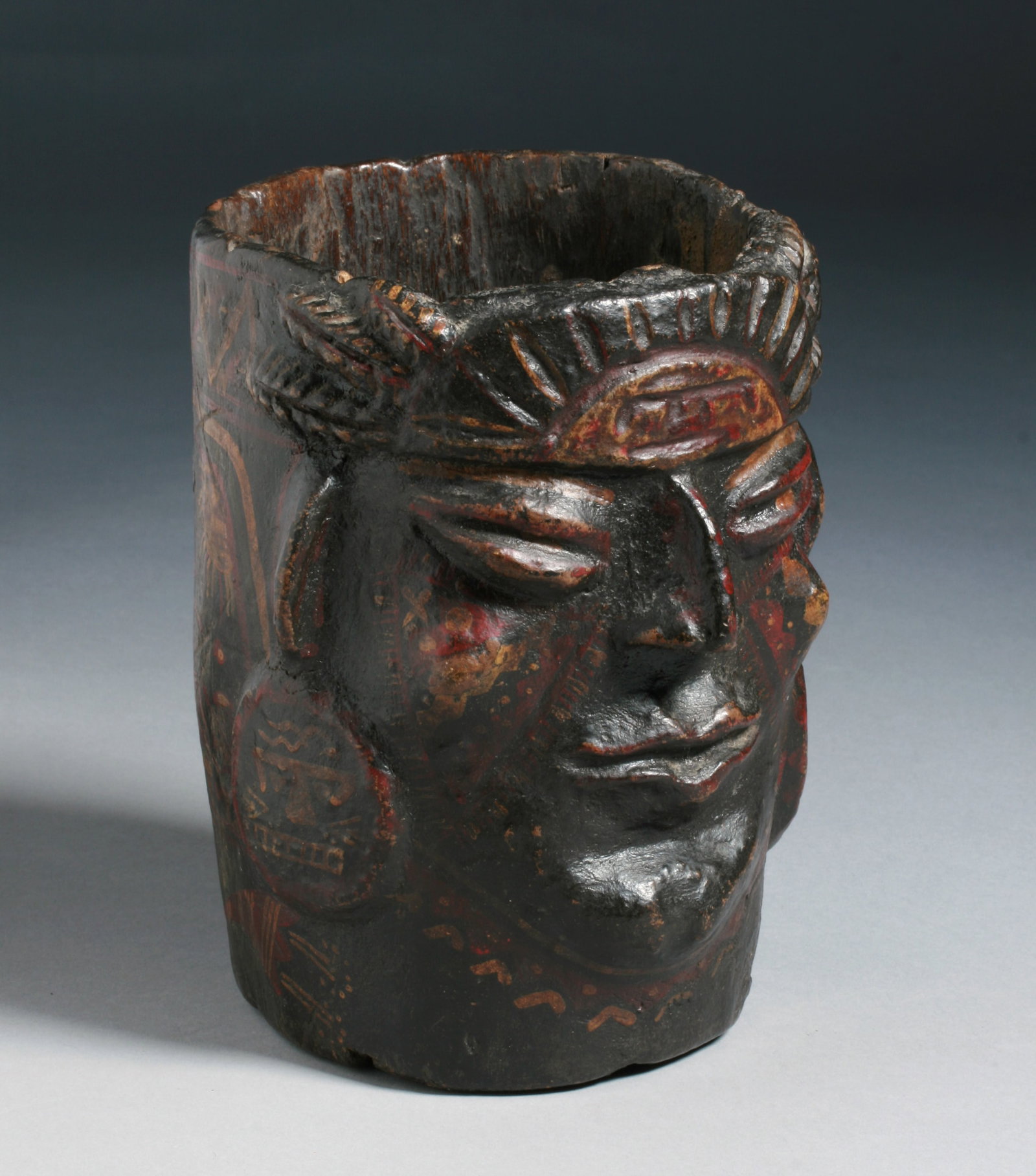 Inca Wood Kero Cerimonial Cup - Pre-Columbian / Spanish Colonial: A fine carved, sculpted and painted Inca Culture kero or ceremonial cup. The wooden body of the kero itself is very old, likely Pre-Columbian, circa 1400-1500 AD, as can be seen on the bottom and inte