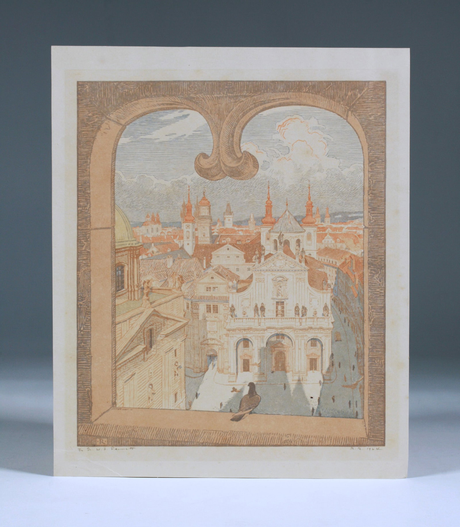 1924 Wood Engraving by Rudolf Ruzicka (1883-1978): Original wood engraving in colors by well-listed American artist, Rudolf Ruzicka (1883-1978). Depicting a view from a window of Prague, Czechoslavakia. Signed and dated in pencil, lower right: R.R. 19