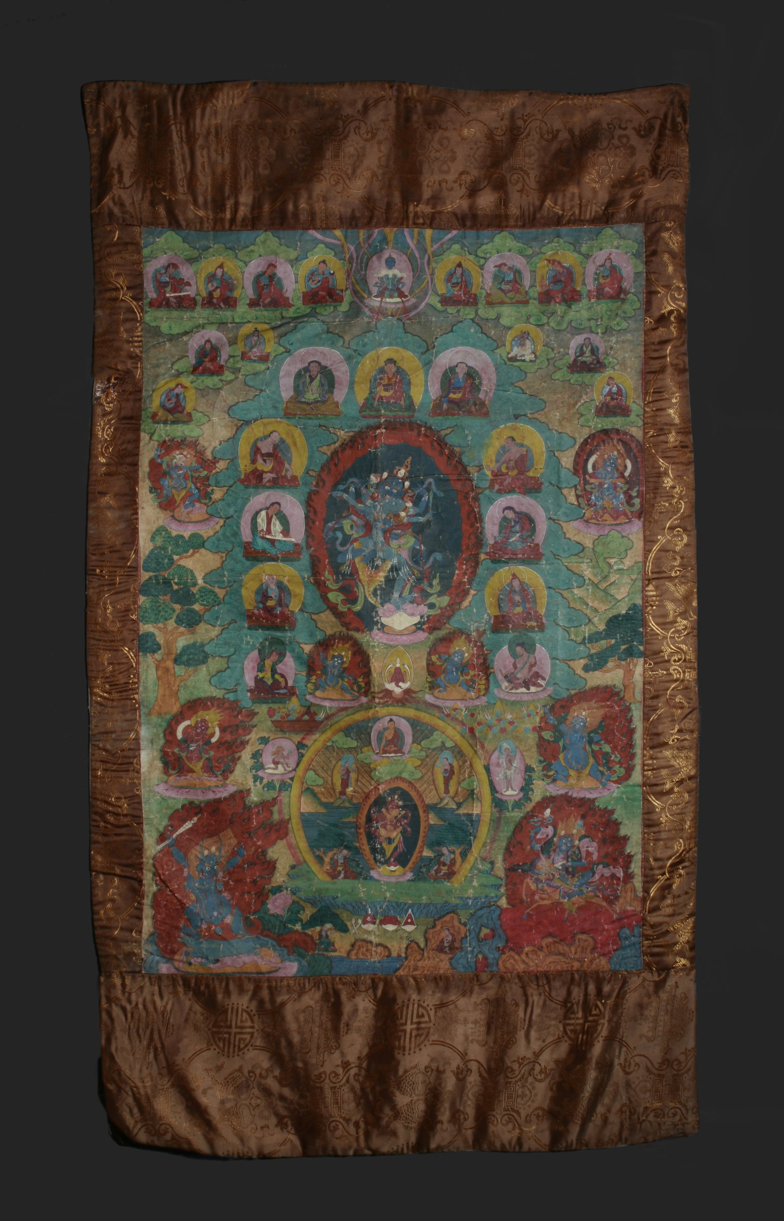 Old Tibetan Chinese Thangka - 19th Century or Earlier: Antique Tibetan Thangka depicting Shri Chakrasamvara. The deity is accompanied by Vajravarahi, his consort, depicted in blue also, who embraces him in a dance of divine union. Yonghegong style. Temper