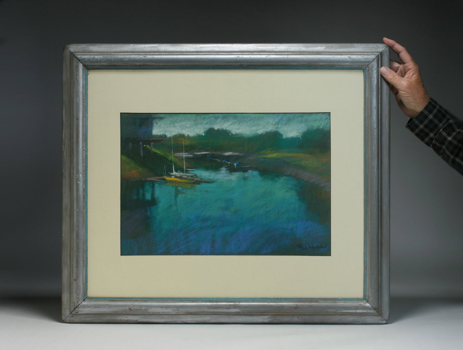 American Impressionist Pastel Painting by Theodore Wendel (1859-1932): A fine landscape by imortant American impressionist artist, Theodore Wendel (1859-1932). Circa 1910. Pastels on paperboard. Matted. Framed (no glass). Signed by the artist, lower right, "Theo. Wendel"