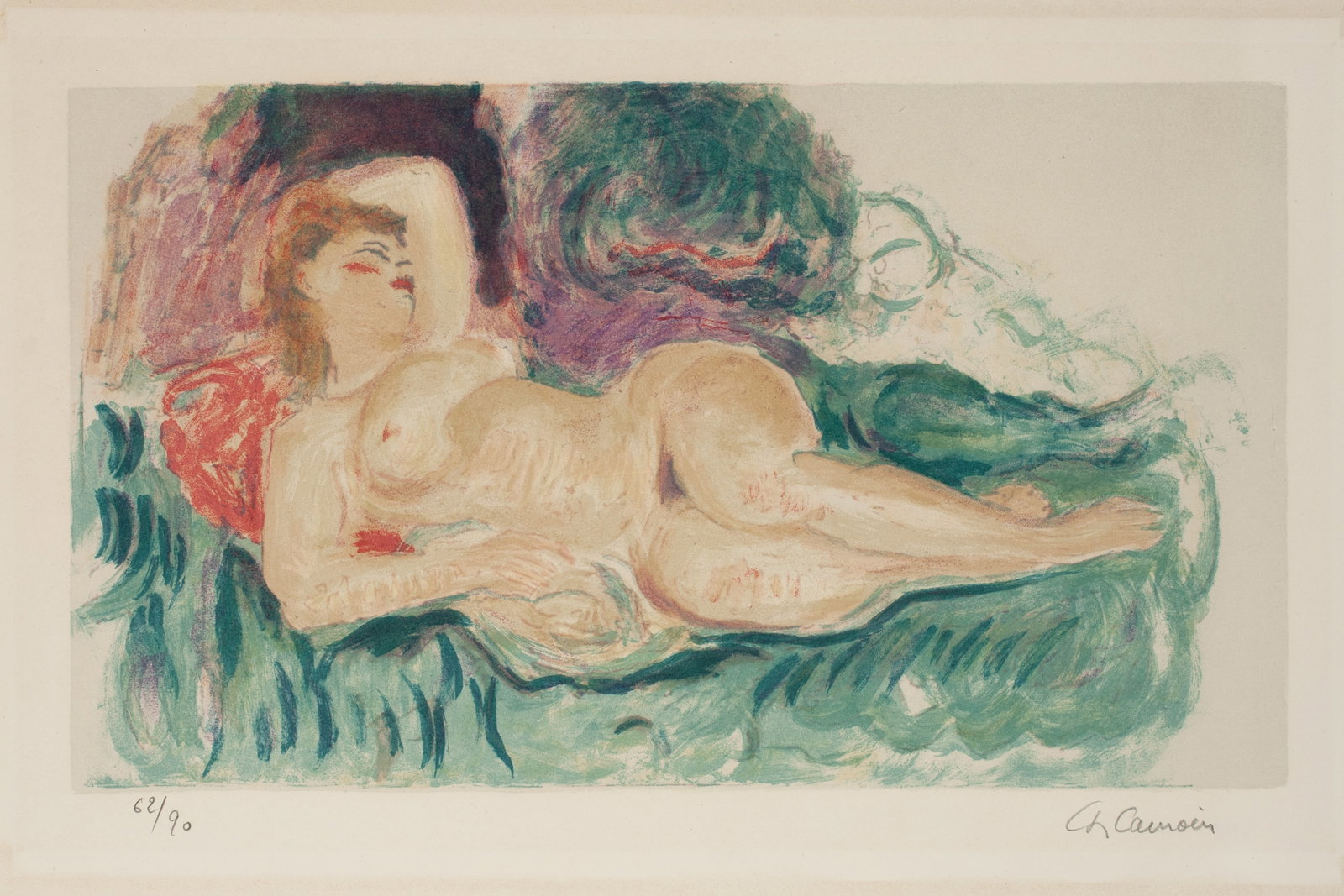 Charles Camoin (1875-1965) Fauvist Signed Stone Lithograph: "Femme Nu Allongee". Circa 1930 - 1940. Original pencil-signed stone lithograph by French Expressionist artist, Charles Camoin (1875-1985). Unframed. Signed in pencil, lower right "Ch Camoin",