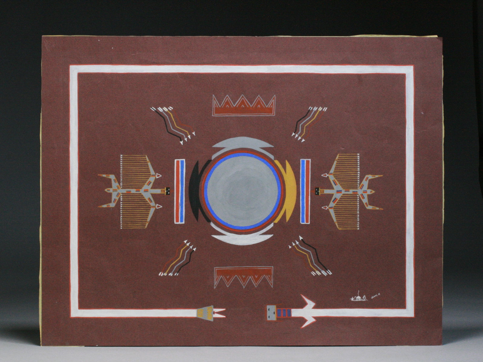 Native American Navajo Painting - Jonas Hubbard Jr. 1967: A Navajo painting by Jonas Hubbard Jr. Dated 1967. Gouache on brown paper. Unframed. Signed with his name and a pictogram signature, lower right. There is an exhibition label on the back that states t