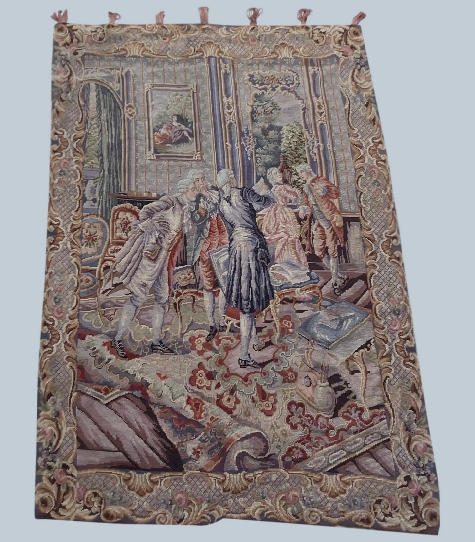 French Needlepoint - Petit Point Tapestry: A very fine and large 19th or early 20th century French tapestry depicting men and a woman in conversation in a Louis XIV parlor or sitting room. Handmade from wool and silk floss. Needlepoint and pet