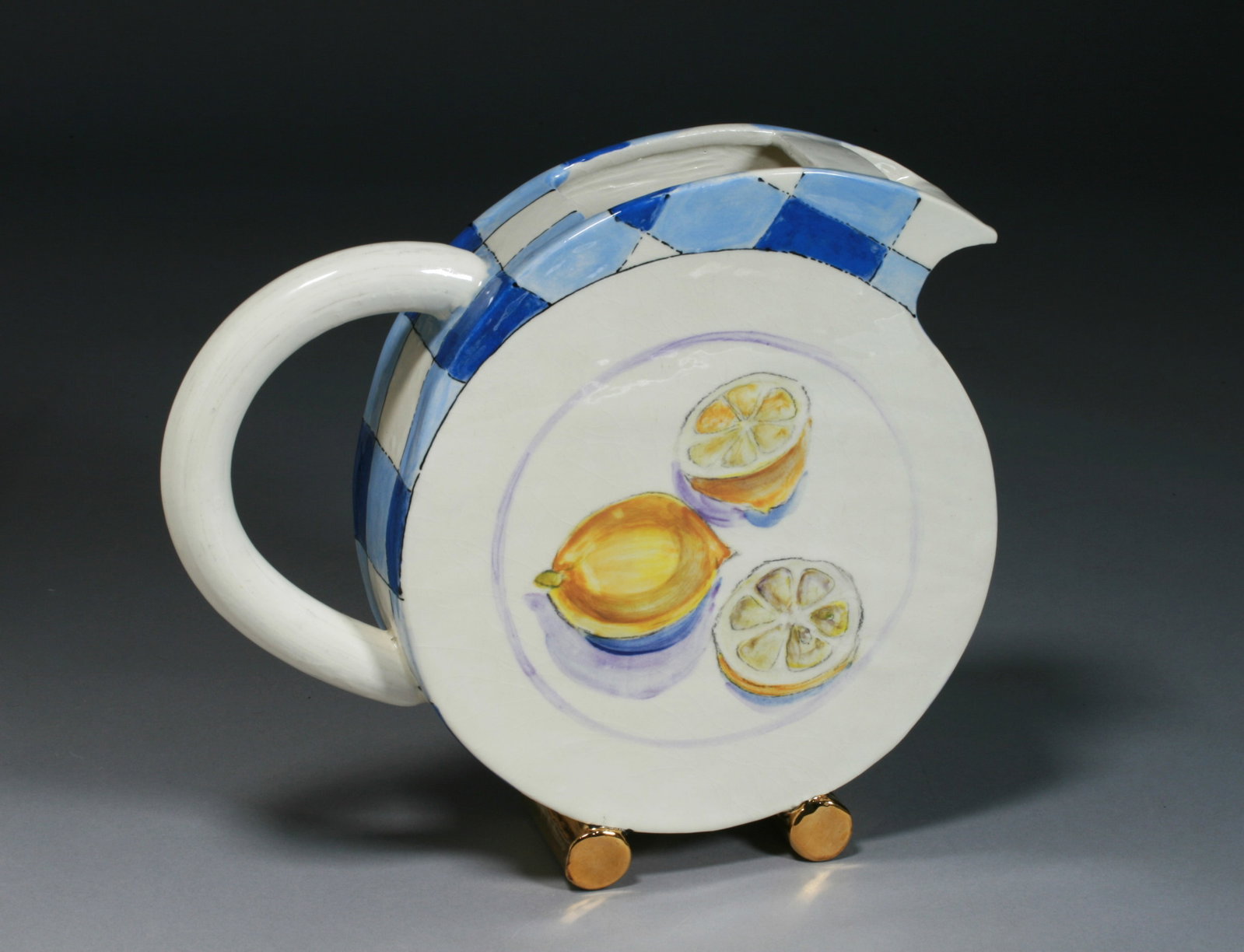 American Art Pottery Pitcher by Judy Miller: Rare art pottery lemonade pitcher by well-known potter and artist, Judy Miller. Circa 1980's. Signed by the artist with her distinctive signature, on the bottom. A rounded form with beautiful
