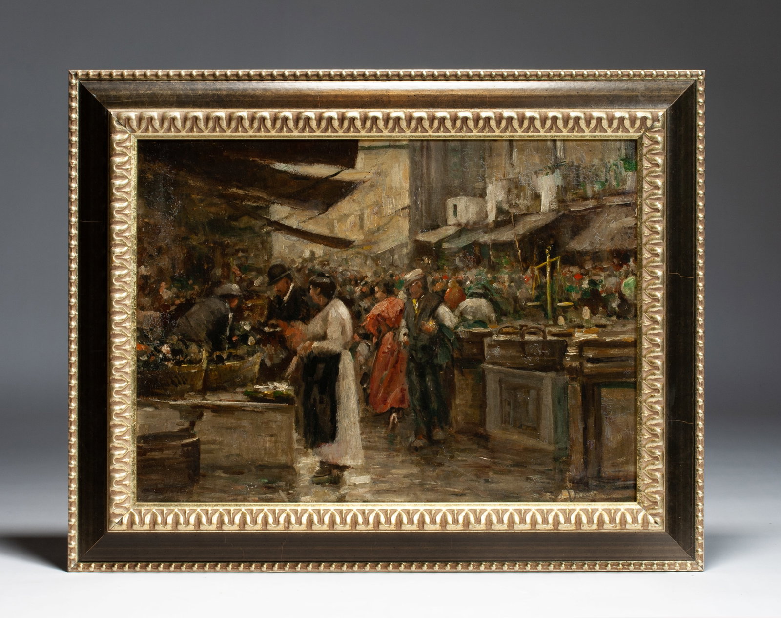 Italian Impressionist Painting - Pasquale D'Angelo (Italian, 1896-1955): Italian Impressionist market scene by Pasquale D Angelo (Italian, 1896 - 1955). Circa 1920s. Oil on canvas. Framed. Signed, lower right. Pencil notations on the stretchers and back of the frame. An