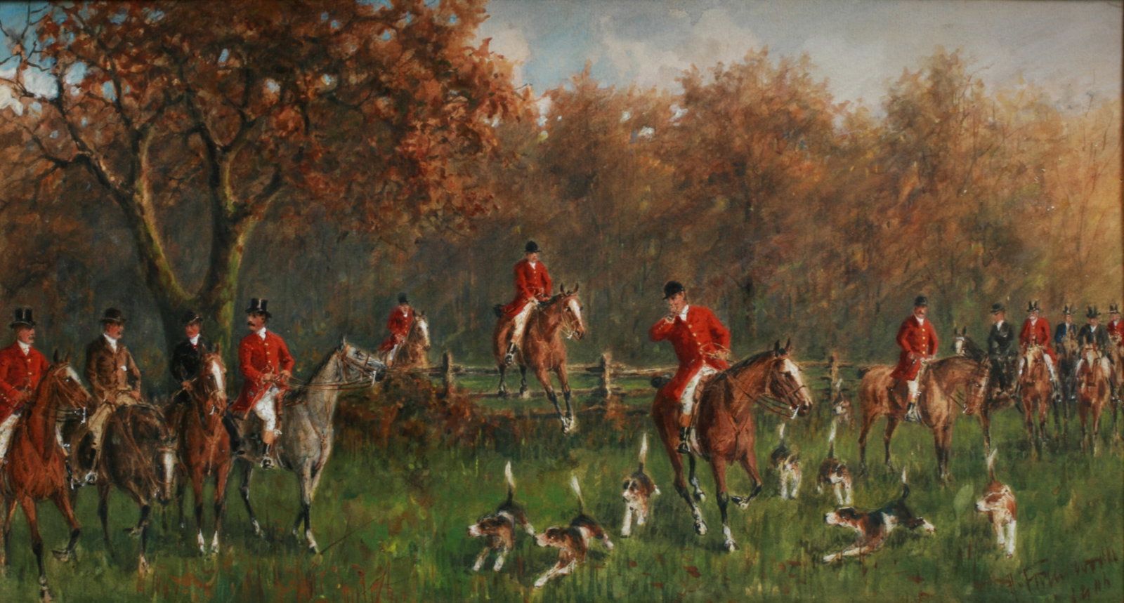 Watercolor & Gouache Painting by Alfred Villiers Farnsworth (1858-1908): Classic English fox hunt painting by California artist, Alfred Villiers Farnsworth (1858–1908). Watercolor and gouache on board. Framed (no glass). Signed and dated lower right, A.V. Farnsworth 1906