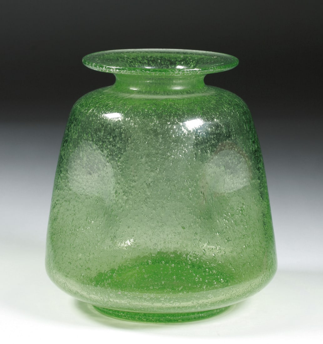 Italian Murano Glass Pulegoso Vase - Mid-Century Modern: Italian - Murano mid-century art glass vase. Circa 1940 - 1950s. Unsigned, unknown maker. Possibly AVEM, Seguso, Barovier, etc. Hand-blown from transparent green glass with small internal bubbles. Ind