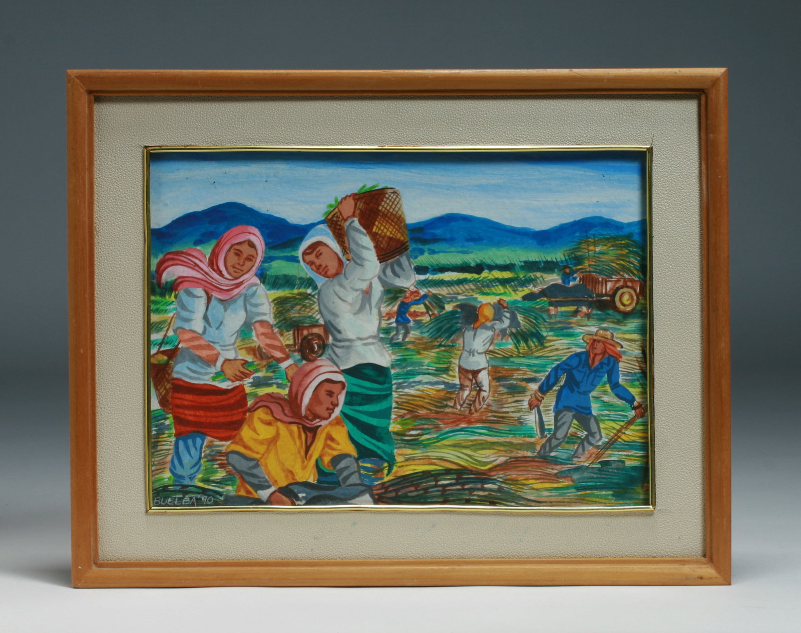 Filipino Painting by Marcial Buelba (1936-2013) Philippines Artist: A rural Filipino landscape with figures by Marcial Buelba (1936-2013). Tempera on board. Framed with glass. Signed and dated lower left: Buelba '90. Men and women working in the sugar cane fields with