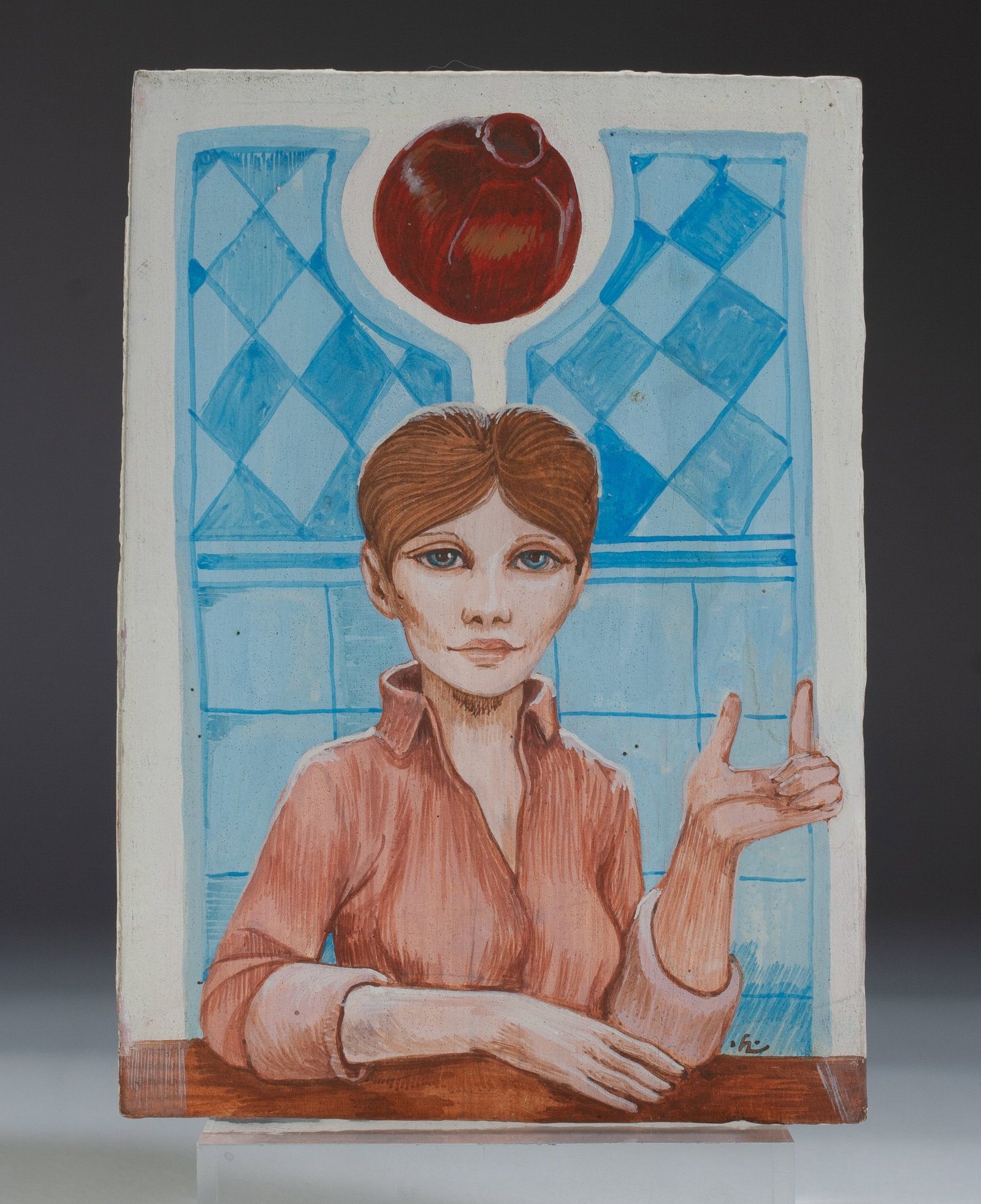 Surrealist Painting of a Woman - 1983 Monogram: Finely painted surrealist image of an attractive woman sitting at a table with a pomegranate hovering over her head as she measures with her fingers! Unknown artist. Tempera on thick wood panel. Unfra