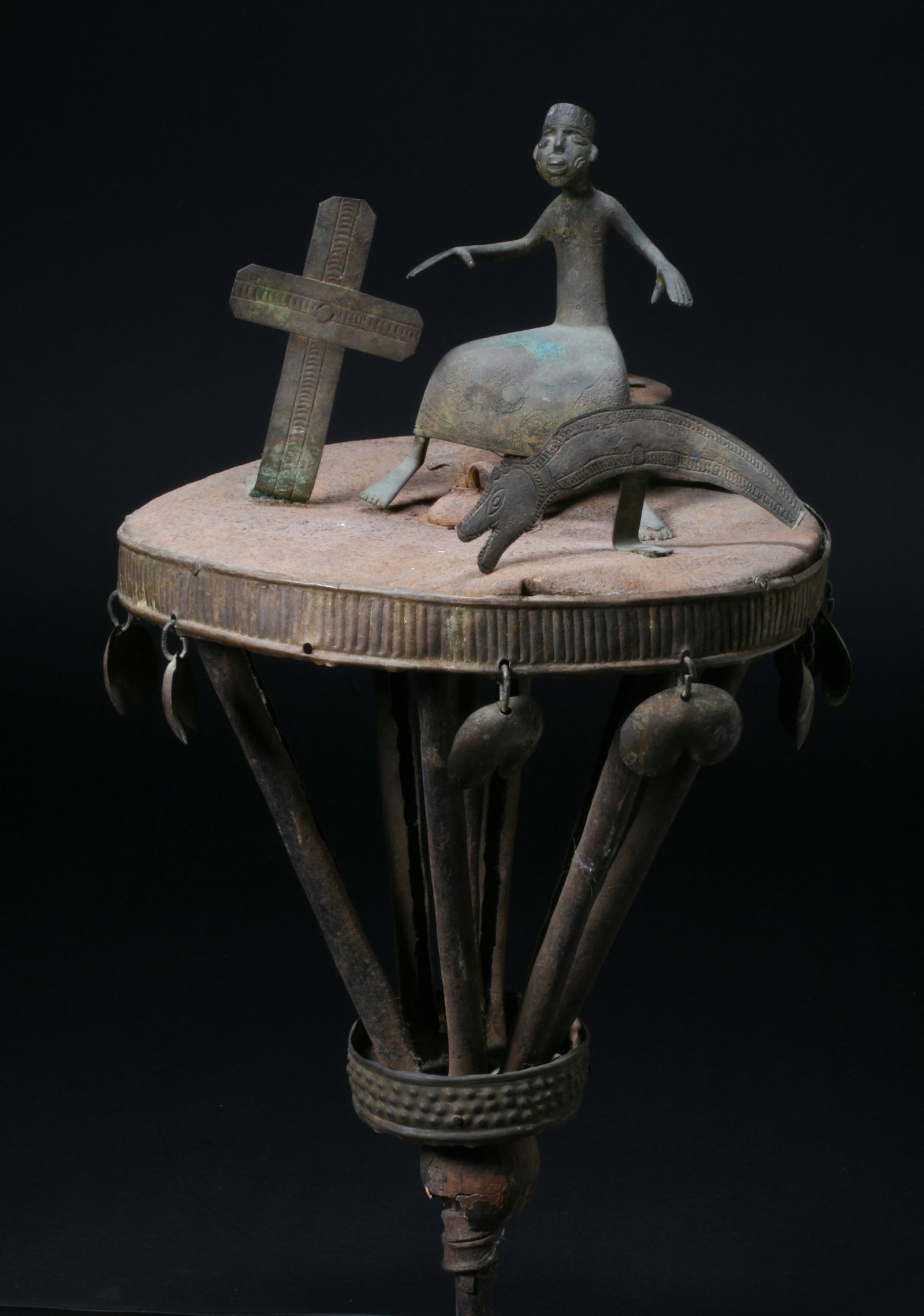 African Ancestor Shrine Sculpture - Fon Asen - Early 20th Century: Tribally-used Asen or ancestor shrine from the Fon Peoples of Benin, Africa. Mounted on a custom hardwood base. Constructed of cut, hammered and decorated sheet metal with a cast brass figure. A cut-o