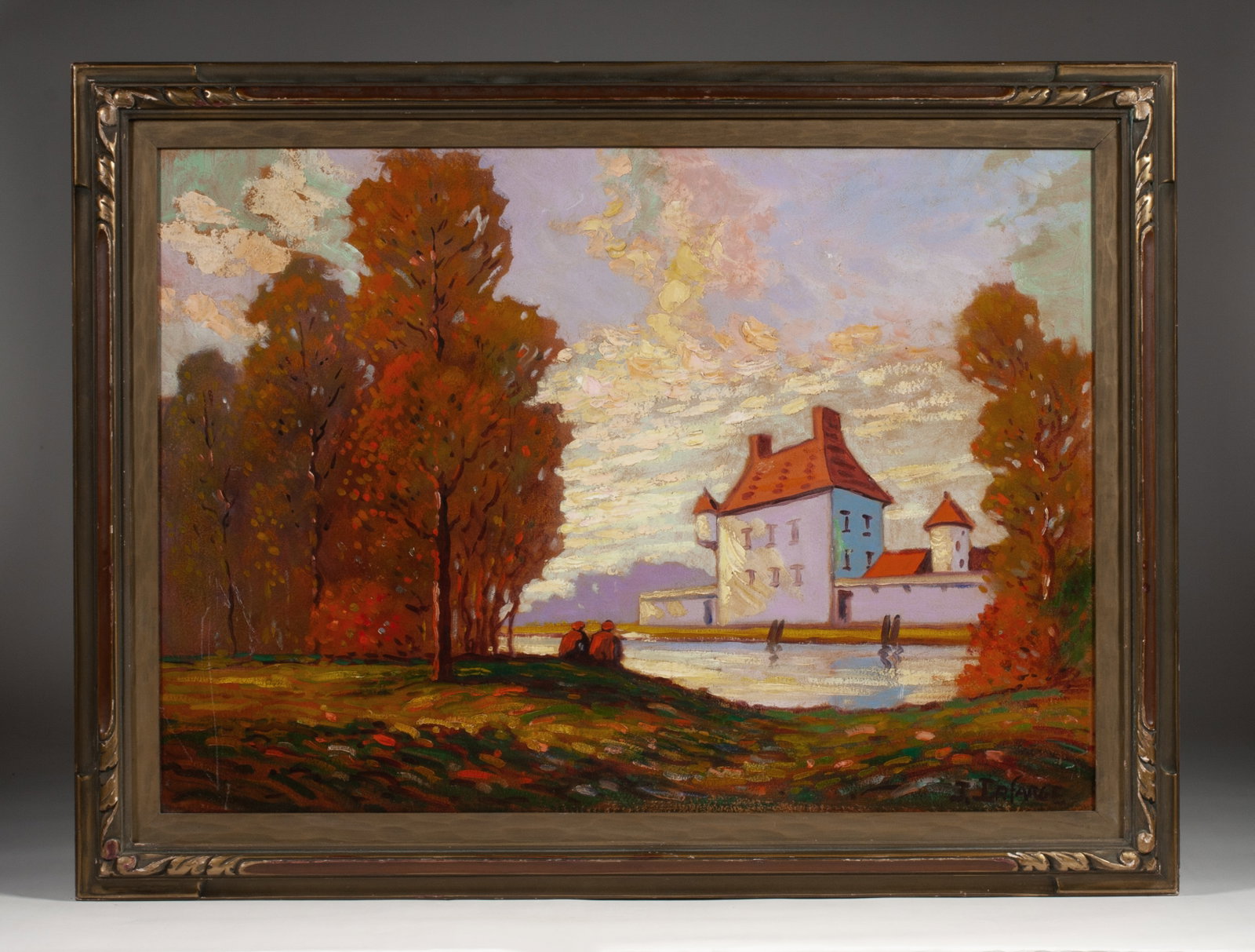 Impressionist Landscape Painting - Circa 1920s - Signed La Farge: Large Post-Impressionist painting, signed. Circa 1920. Oil on Upson Board. Framed. Signed lower right "J. Lafarge". The reverse with stamped marks for Upson Board. Depicting a river landscape with two
