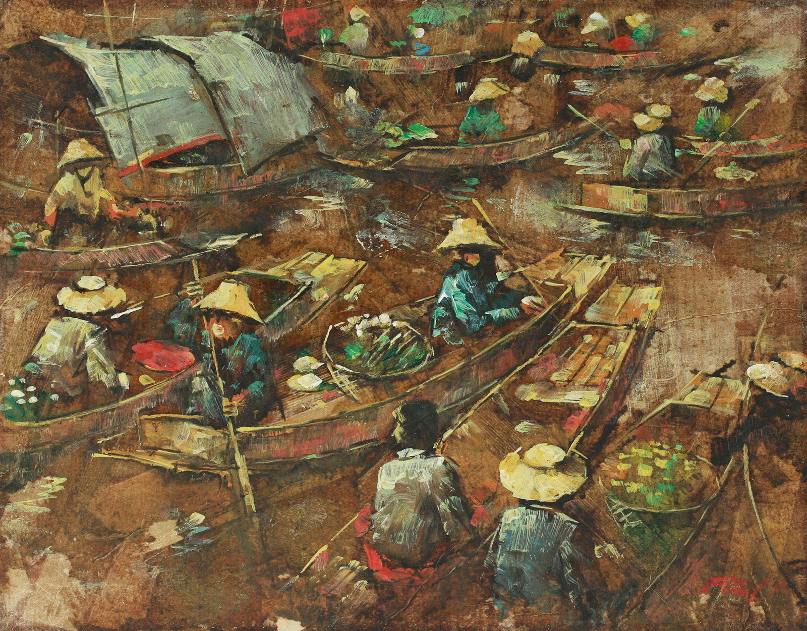 Modernist Asian Painting by Sujarit Hirankul (Thailand 1946-1982): A painting of people and boats at a floating market in Thailand by well-known Southeast Asian artist, Sujarit Hirankul (1946 - 1982). Circa 1975. An intricate, dimensional scene depicting numerous fig