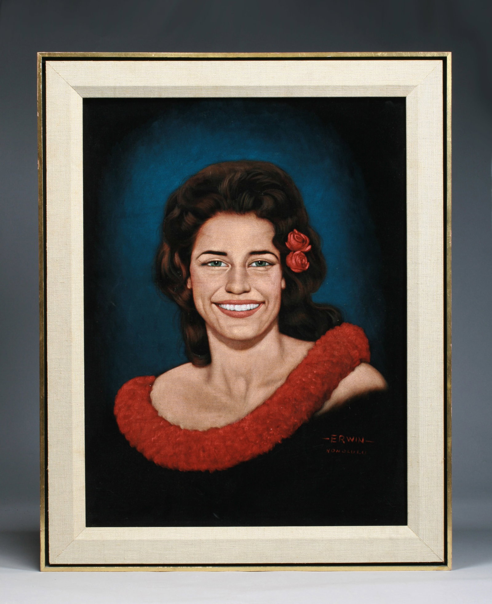 Hawaiian Painting on Velvet by Bill Irwin: Hawaiian painting on velvet by well-known mid 20th century artist, Bill Erwin. Circa 1960. Oil on black velvet, backed with masonite. Framed. Signed, lower right "ERWIN - HONOLULU". A very realistic