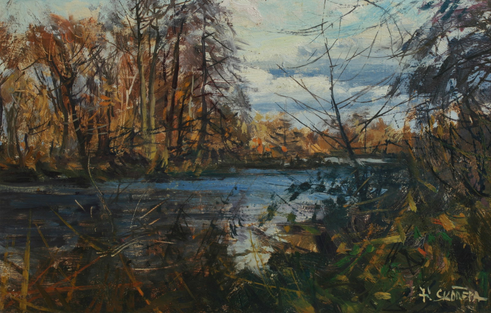Czech Impressionist Painting by Jiri Skorepa (Born 1954): An impressionist painting by Czech artist, Jiri Skorepa (Czech, Born 1954). Oil on masonite. Framed. Signed, lower right "J. Skorepa". Late 20th century. Depicting a peaceful autumn scene along a rive