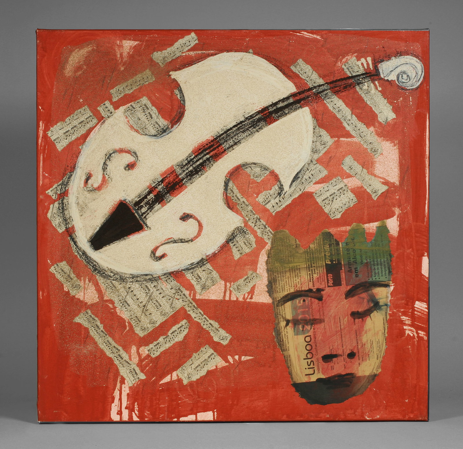 Modernist Abstract Expressionist Painting by Lis Petersen (b.1957) Music: Mid Century Modernist theatrical painting and collage by Norwegian artist, Lis Petersen (b.1957) now working in Lisbon, Portugal. Circa 2015. Depicting a musical instrument and a mask in an abstract m