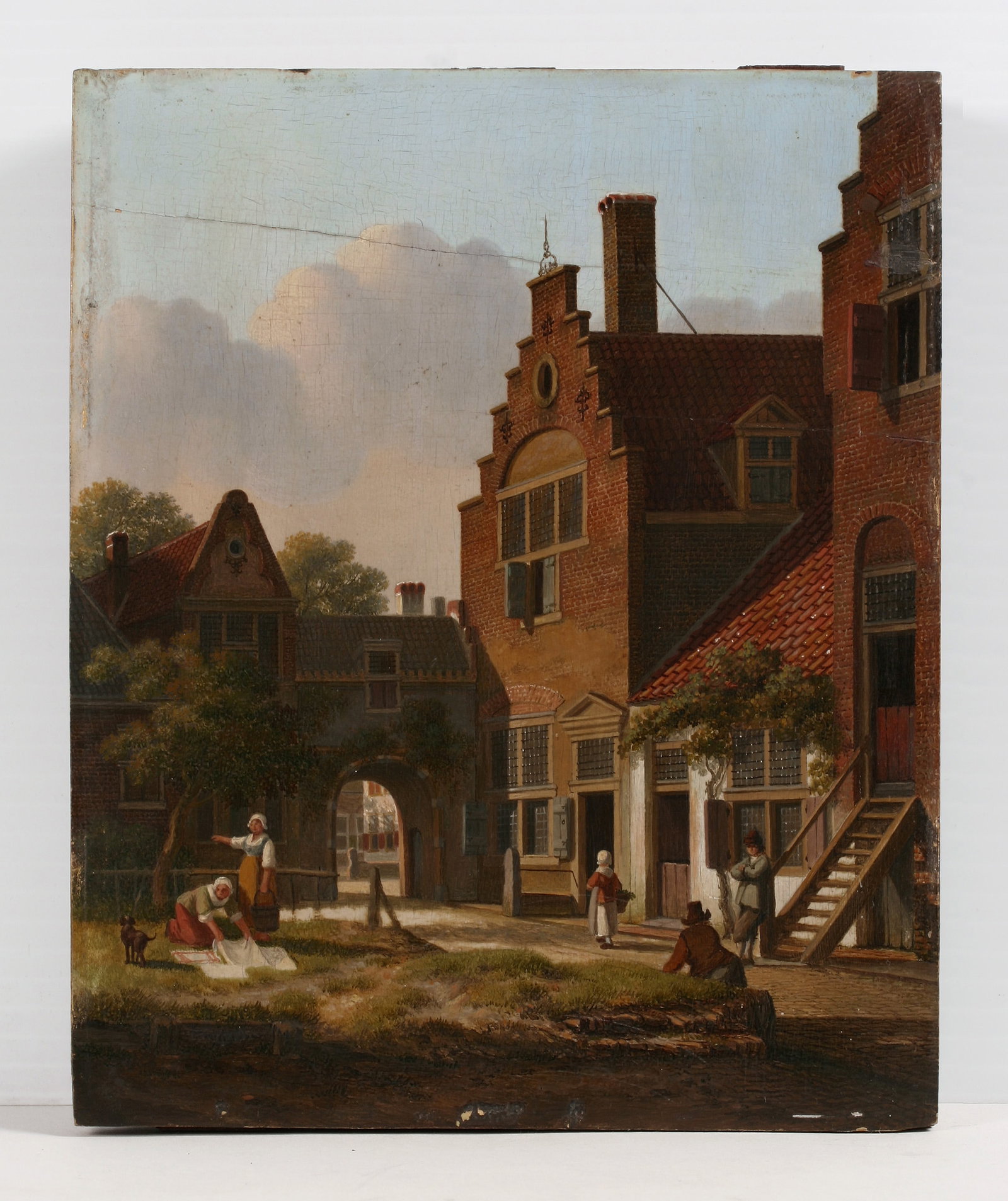 Dutch Old Master Painting - Style of Jan van der Heyden: An architectural Dutch village scene in the style of Jan van der Heyden (1637-1712). 18th century. Oil on wood panel, cradled. Framed. Appears to be unsigned. Metal nameplate affixed to the frame (loo