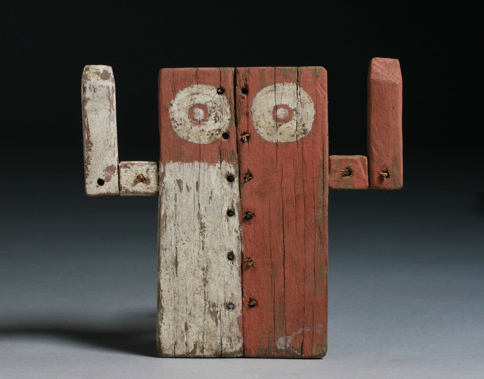 Hopi Flat Kachina or Toy - Native American Southwest: An unusual Hopi - Native American painted wood figural object, possibly a toy or a Kachina. Early to mid 20th century. Collected at the Hopi First Mesa. Round eyes and upraised arms, the body made of 