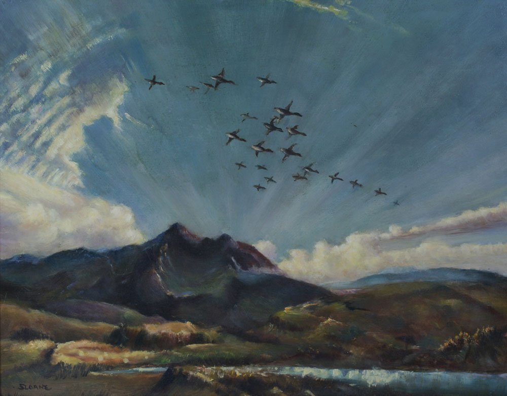 Landscape Painting of Taos New Mexico by Eric Sloane NA: Eric Sloane NA (1905 - 1985). Landscape painting of the Sangre de Cristo Mountains near Taos, New Mexico. Circa 1960. Oil on masonite panel (both sides smooth). Signed by the artist, lower left, “SL