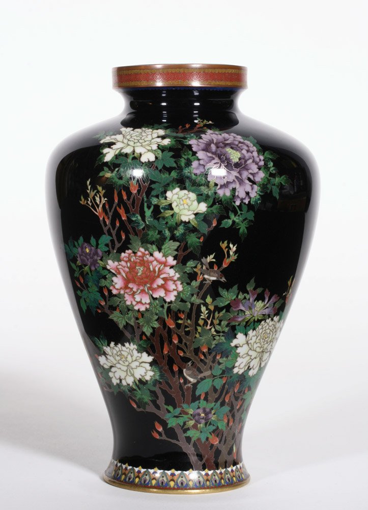 Japanese Cloisonne Vase Attributed to Hayashi Kodenji: A fine Japanese cloisonne enamel vase attributed to Hayashi Kodenji. Meji Era. Circa 1900. Unsigned. Of baluster form, decorated with a flowering tree with sparrows perched. Teo flying sparrows on the