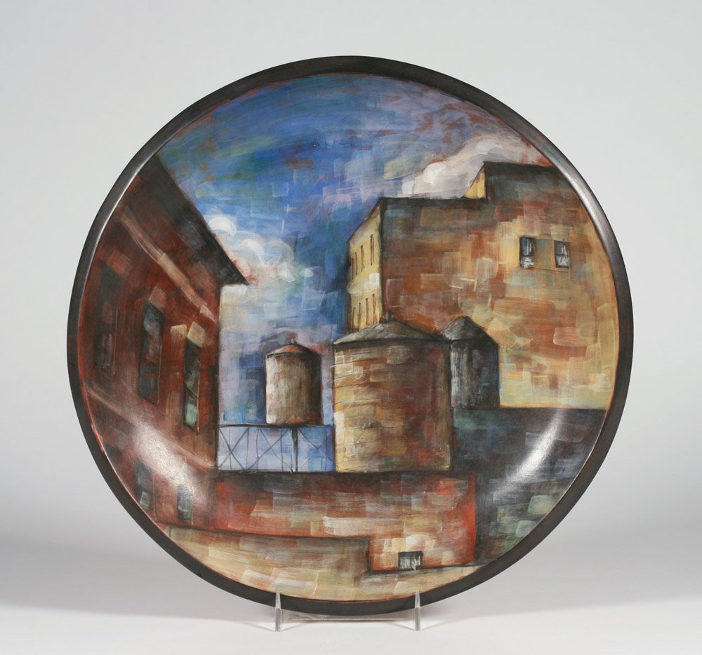 Lidya Buzio Painted Ceramic Plaque "New York City" 1987: Painted and fired studio ceramic plaqueby Lidya Buzio (1948-2014). Burnished terracotta. Signed and dated on the reverse by the artist: “L.Buzio - 1987 - NY” & “VII - 1987 (seveth piece made by