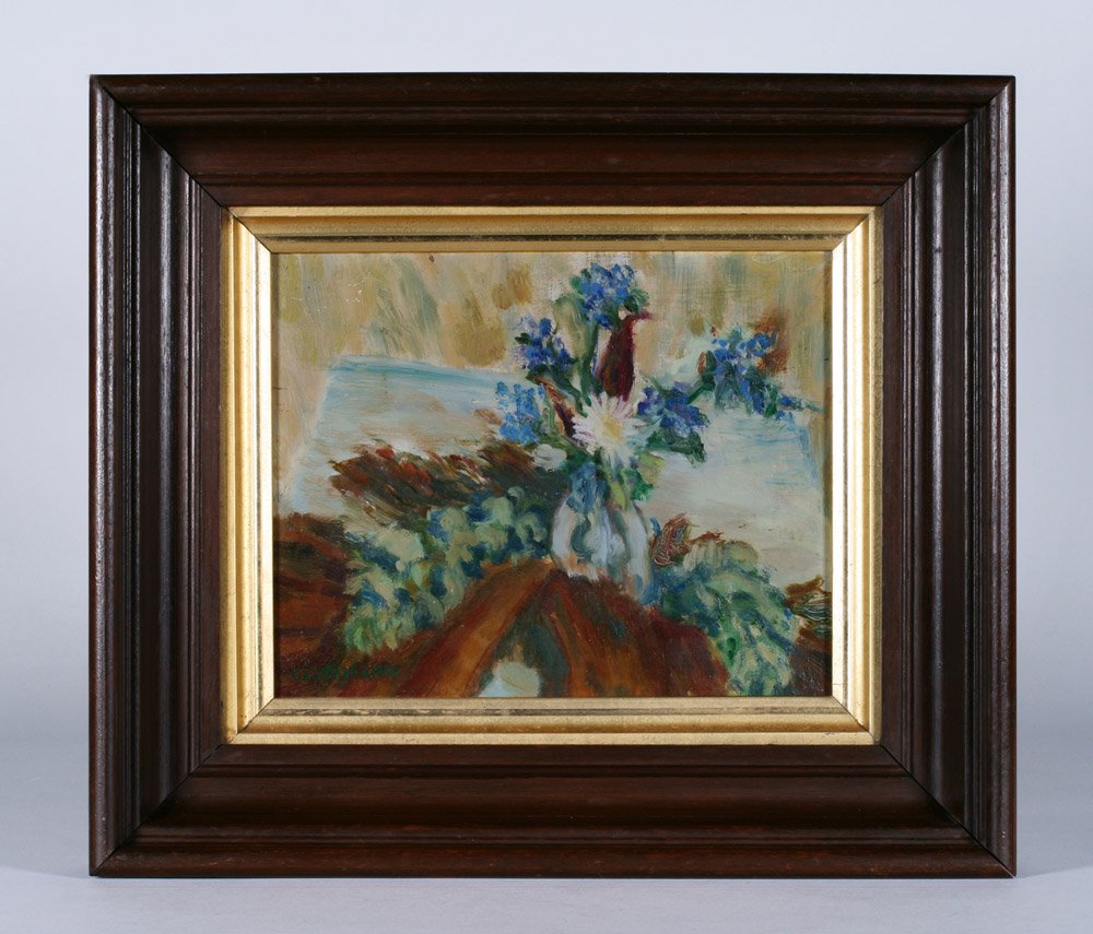 Grigory Gluckmann (Russian 1898-1973) - Painting 1940's: Small painting of flowers in a vase by Grigory Gluckmann (1898 - 1973). Oil on masonite panel. Framed. Signed lower left, “GLUCKMANN” and numbered “ ’38 “on the reverse (possibly a date - in