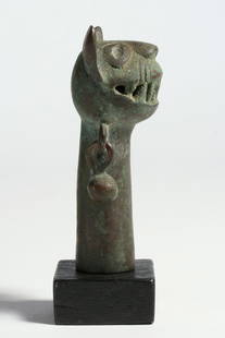 Pre-Columbian Inca Staff Finial - Copper Alloy 1400 AD: Inca Culture staff finial representing a feline with teeth bared. Copper alloy. Peru. Circa 1400 AD (late horizon). With coffee bean eyes, erect ears, a flattened nose, cut-through teeth, and ball rat