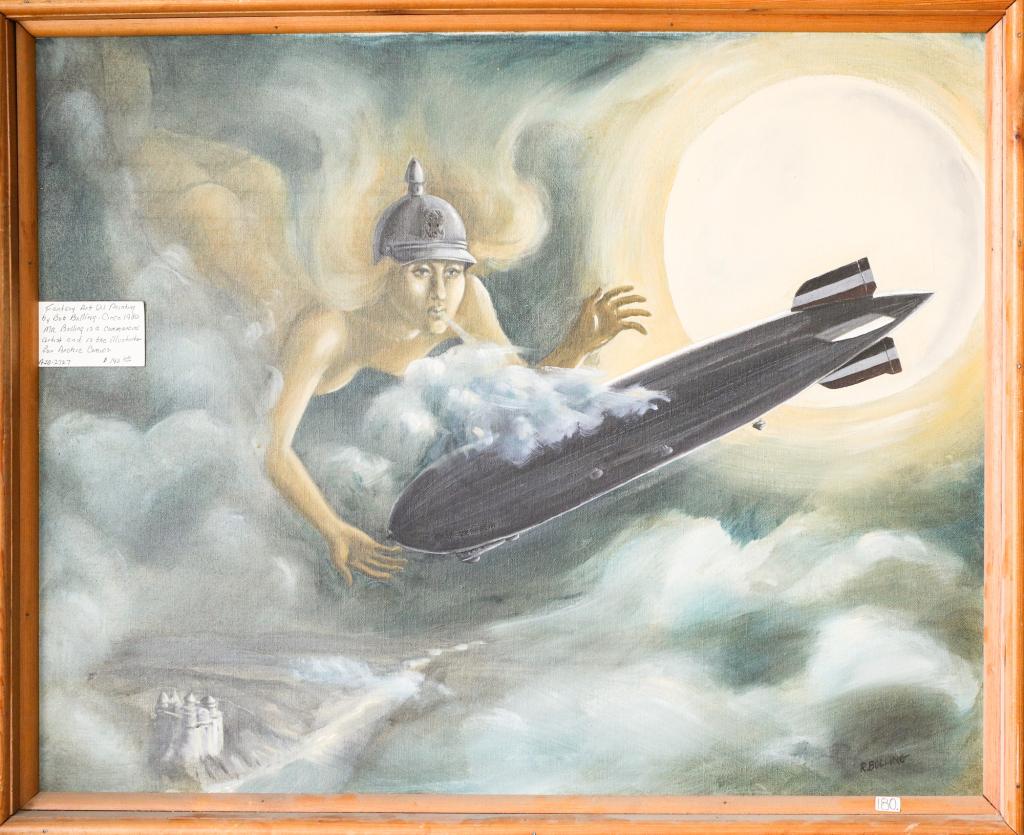 ROBERT BOLLING (USA 1928-): Oil on canvas. Mythical wind goddess attacking zeppelin. 24 x 29". (Original artist for Archie comics)