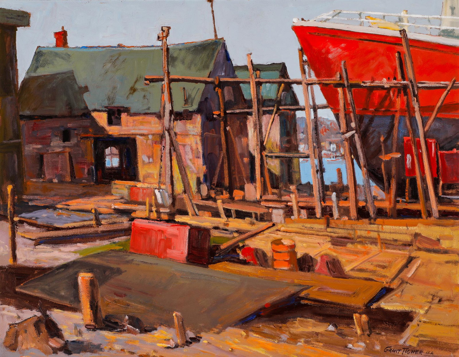 GRANT TIGNER (CANADA IAF 1921-): Oil on canvas. "Ship Yards Near Rocky Neck". 22 x 28".