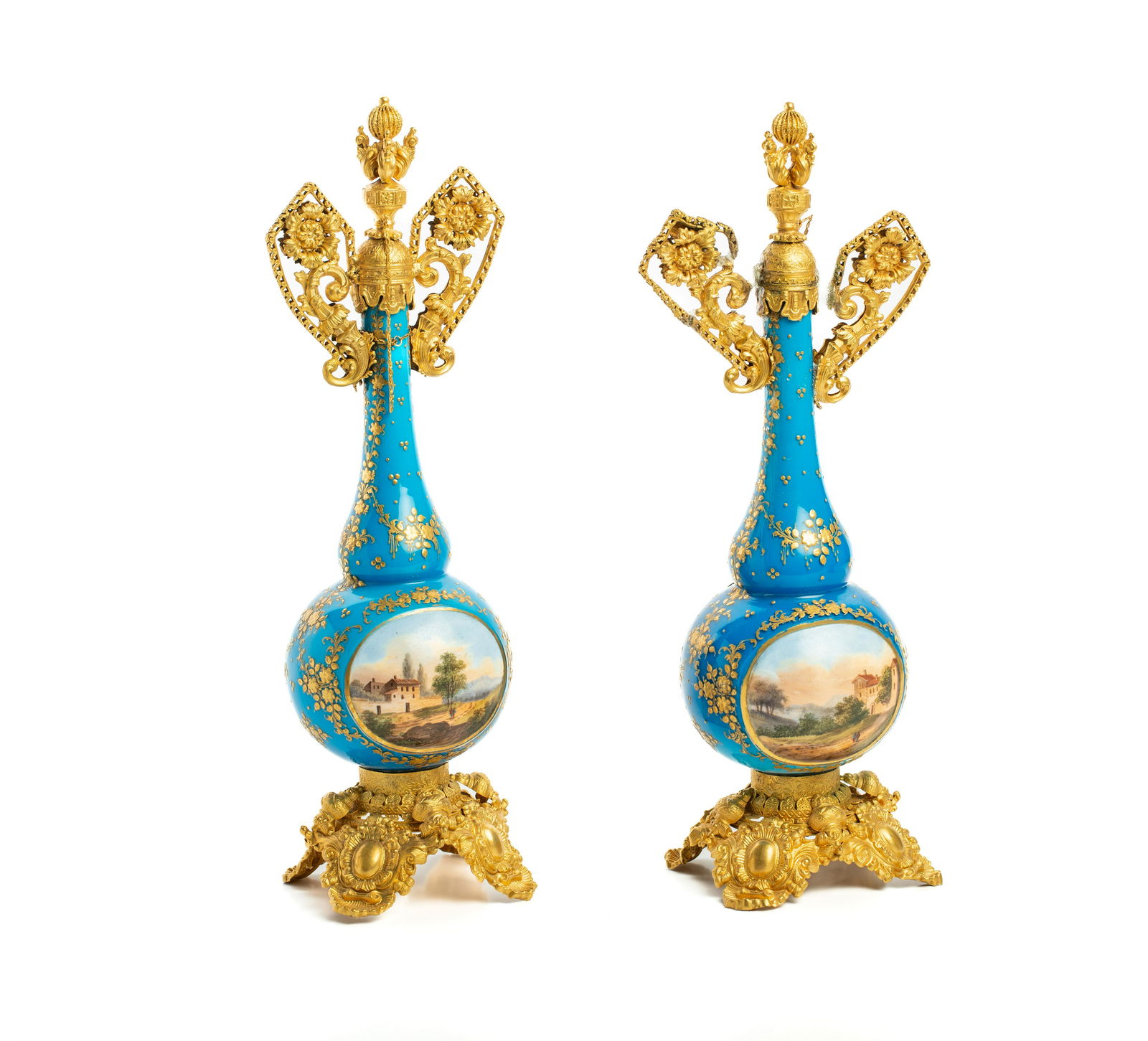 A PAIR OF LATE 18TH CENTURY PARCEL-GILT FRENCH OPALINE PERFUME FLASKS WITH GILT BRONZE: A PAIR OF LATE 18TH CENTURY PARCEL-GILT FRENCH OPALINE PERFUME FLASKS WITH GILT BRONZE L: 29 cm (each)
