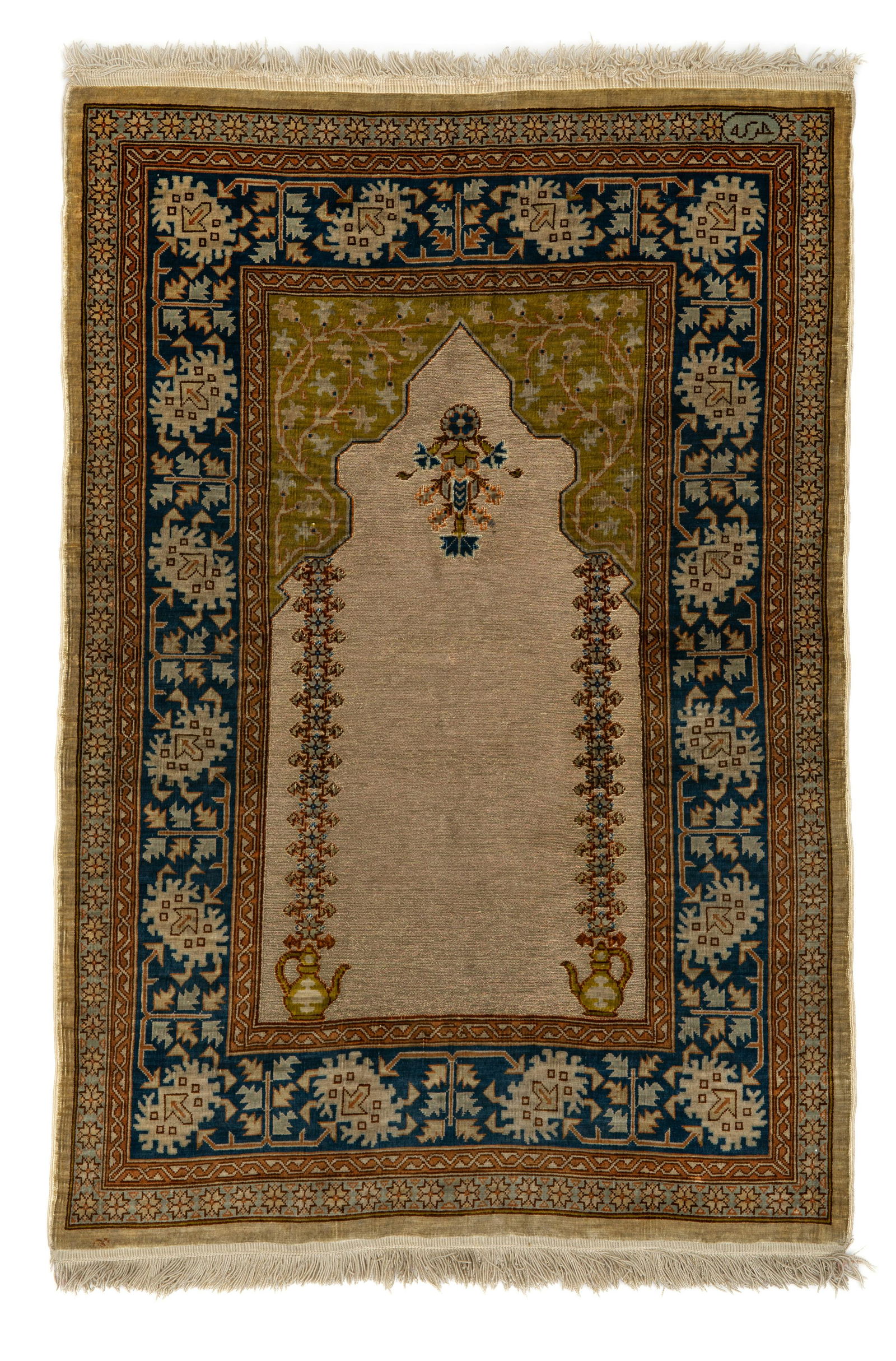 A VINTAGE HEREKE PURE SILK MIHRAB  CARPET WITH GILDED SILVER EMBROIDERY (1 of 1)