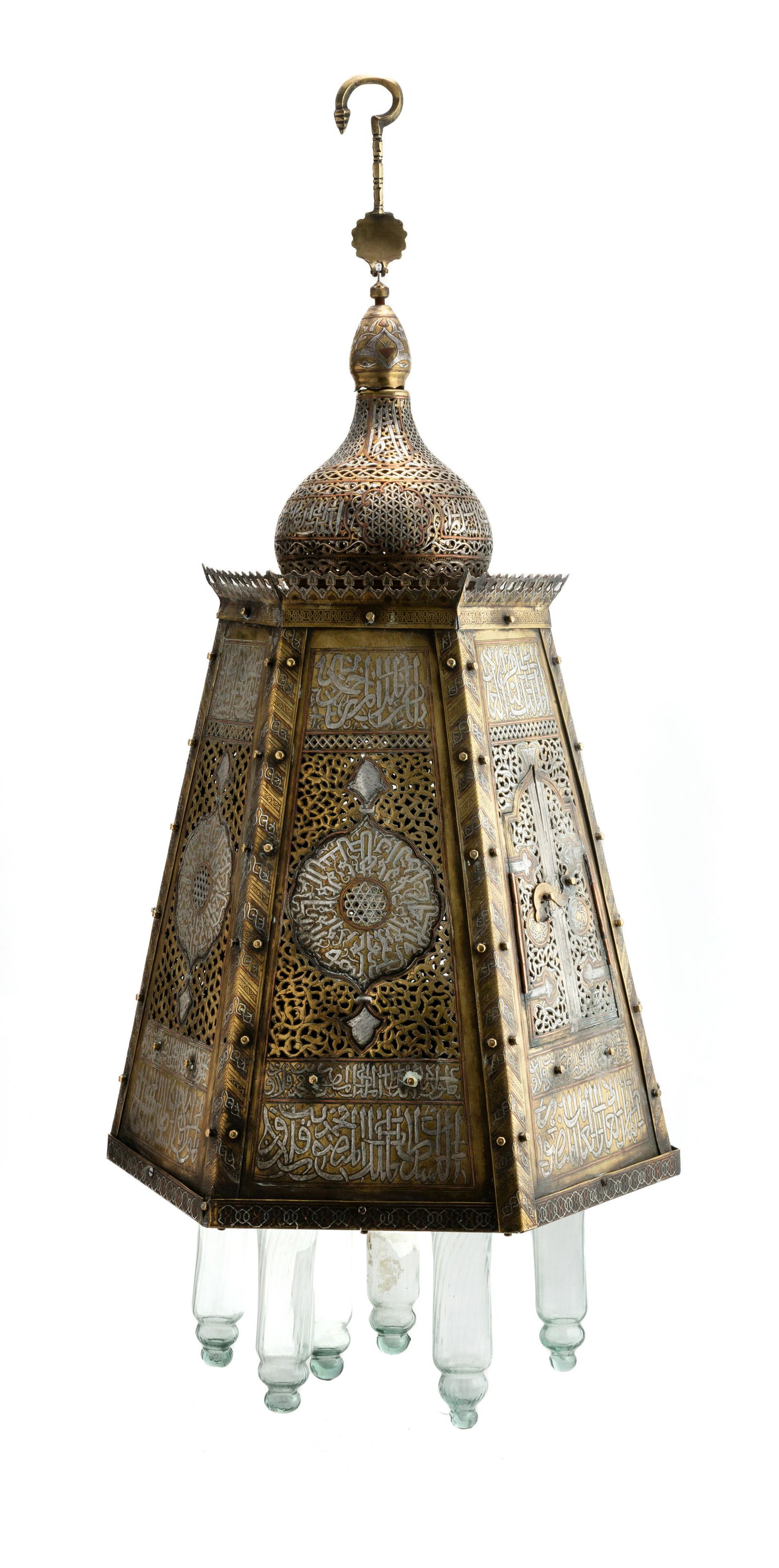 AN 19TH CENTURY OTTOMAN PIERCED BRASS  LANTERN WITH SILVER INLAY (1 of 1)