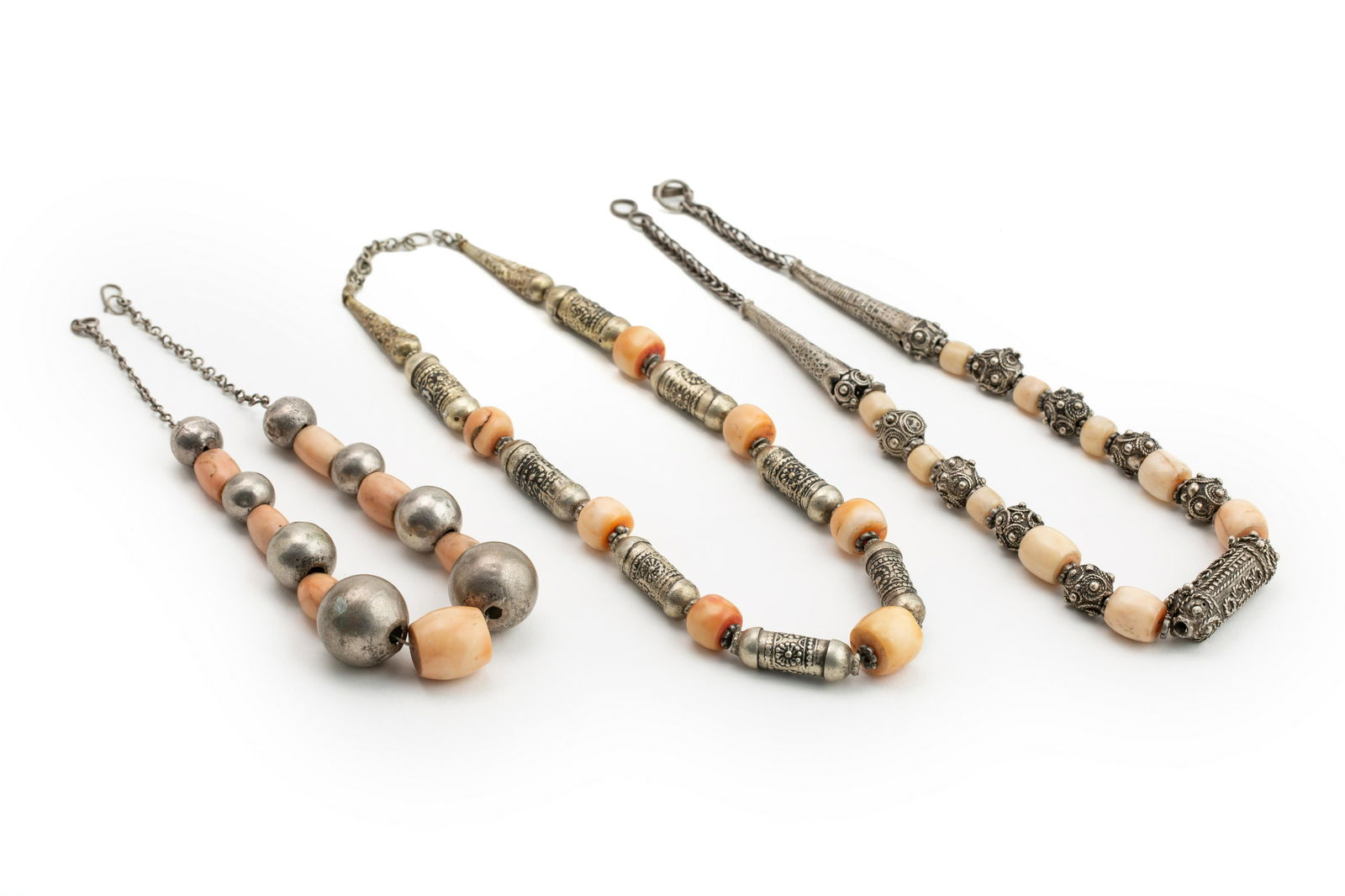 A SET OF VINTAGE YEMENI TRIBAL SILVER  NECKLACES WITH CORAL AND PRECIOUS  STONES (1 of 1)