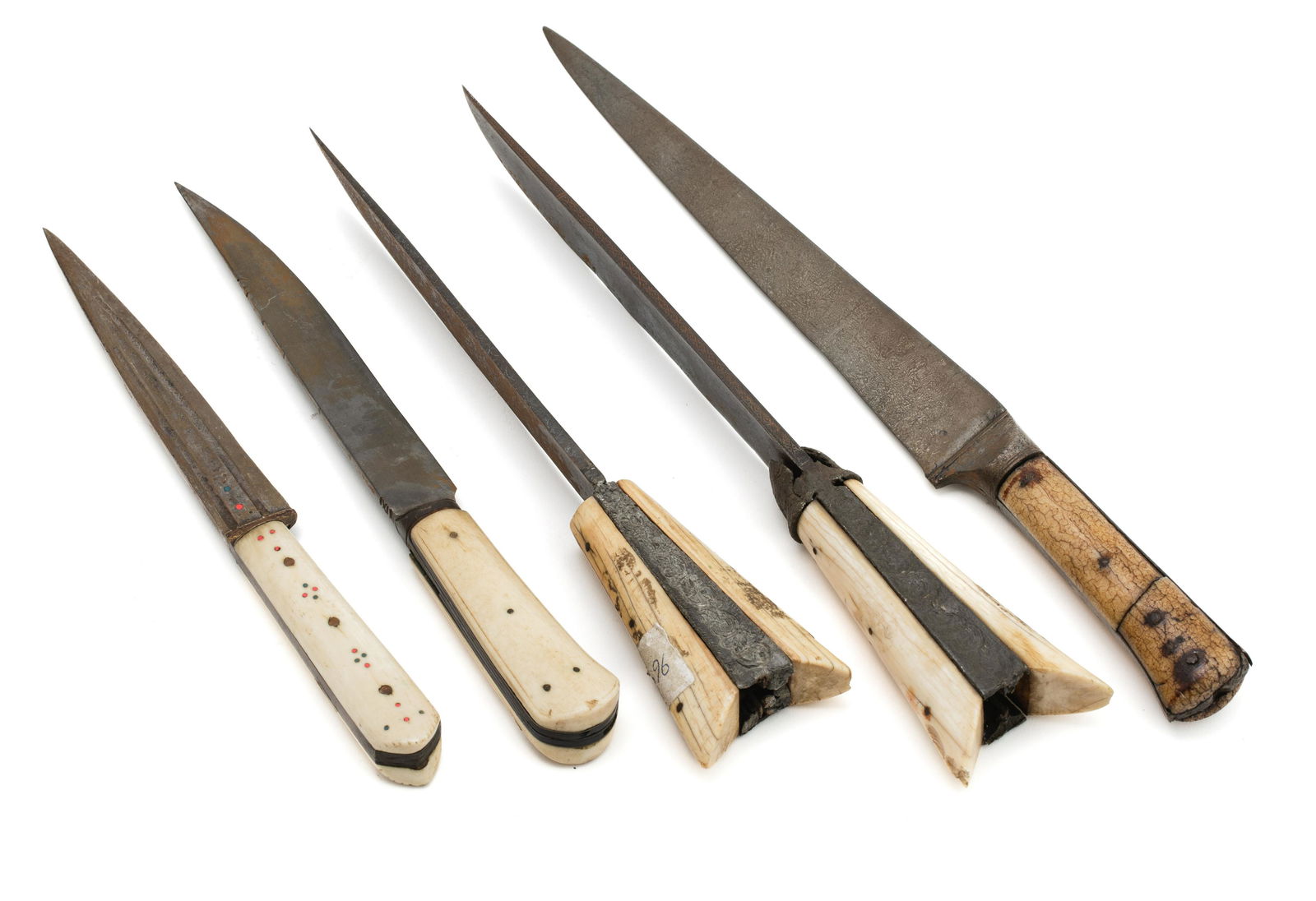A SET OF FIVE 19TH CENTURY OTTOMAN DAGGERS WITH BONE HILTS (KARD): A SET OF FIVE 19TH CENTURY OTTOMAN DAGGERS WITH BONE HILTS (KARD) L: 34 cm (i), 27 cm (ii), 31 cm (iii), 26 cm (iv), 24 cm (v)