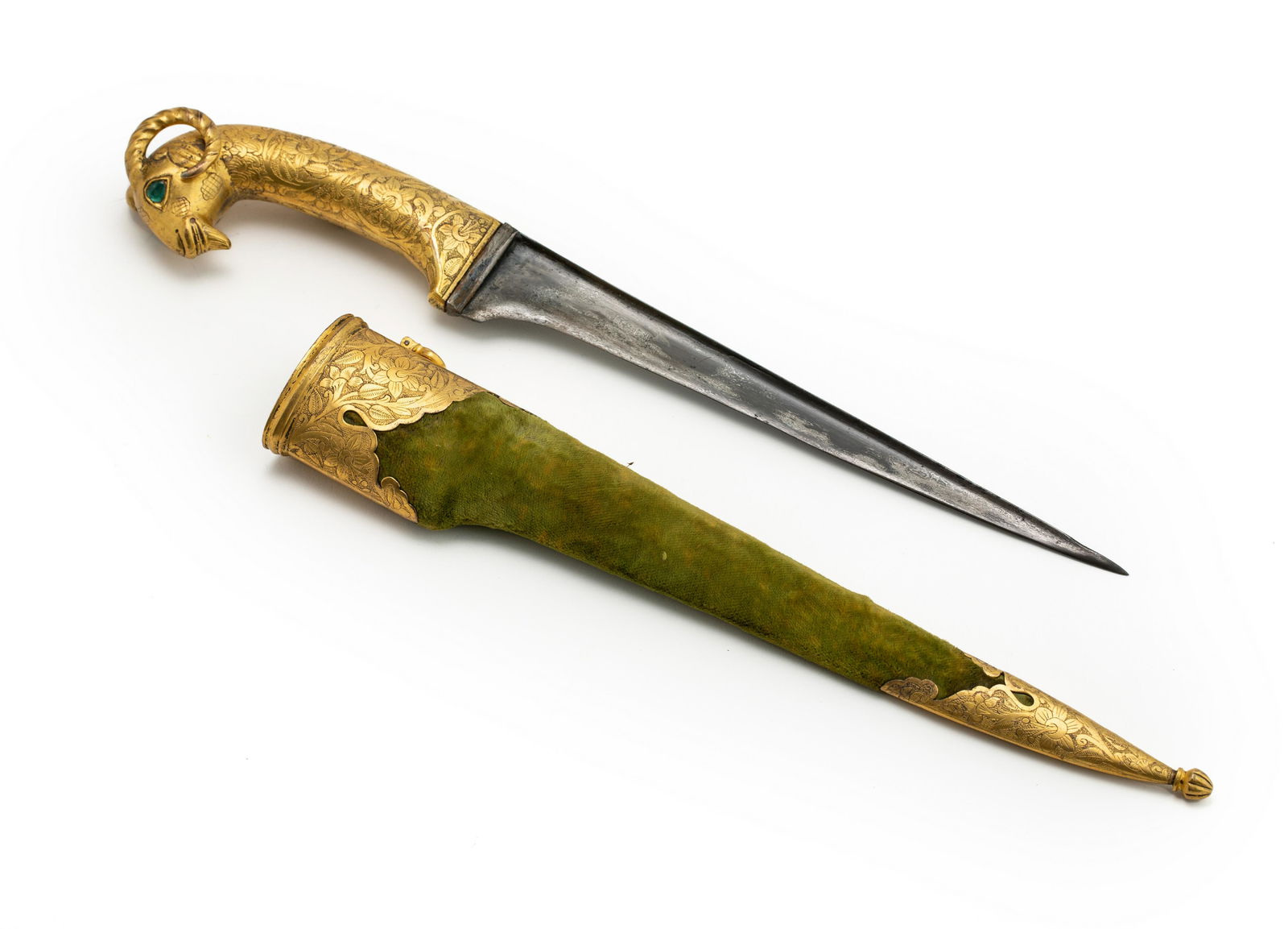 A EARLY 19TH CENTURY MUGHAL DAGGER  WITH DAMASCUS STEEL BLADE AND GILDED  STEEL HILT IN THE SHAPE OF (1 of 3)