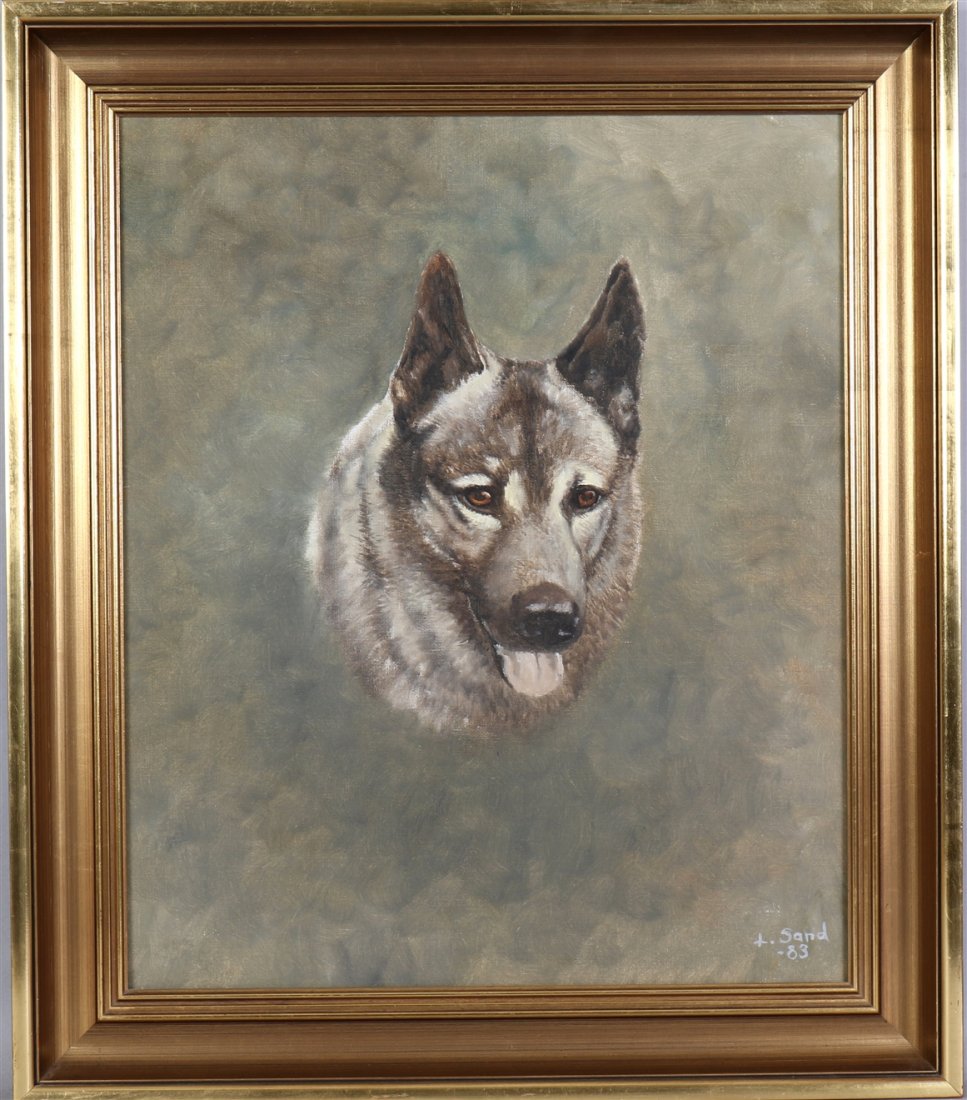 Oil On Canvas, "Gray dog", LENNART SAND, signed.: Signed L.Sand- 83. 53,5 x 44,5 cm, frame 67 x 58 cm.