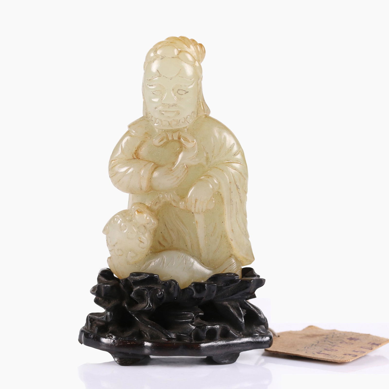 A CHINESE WHITE JADE FIGURE WITH WOOD STAND. (1 of 11)