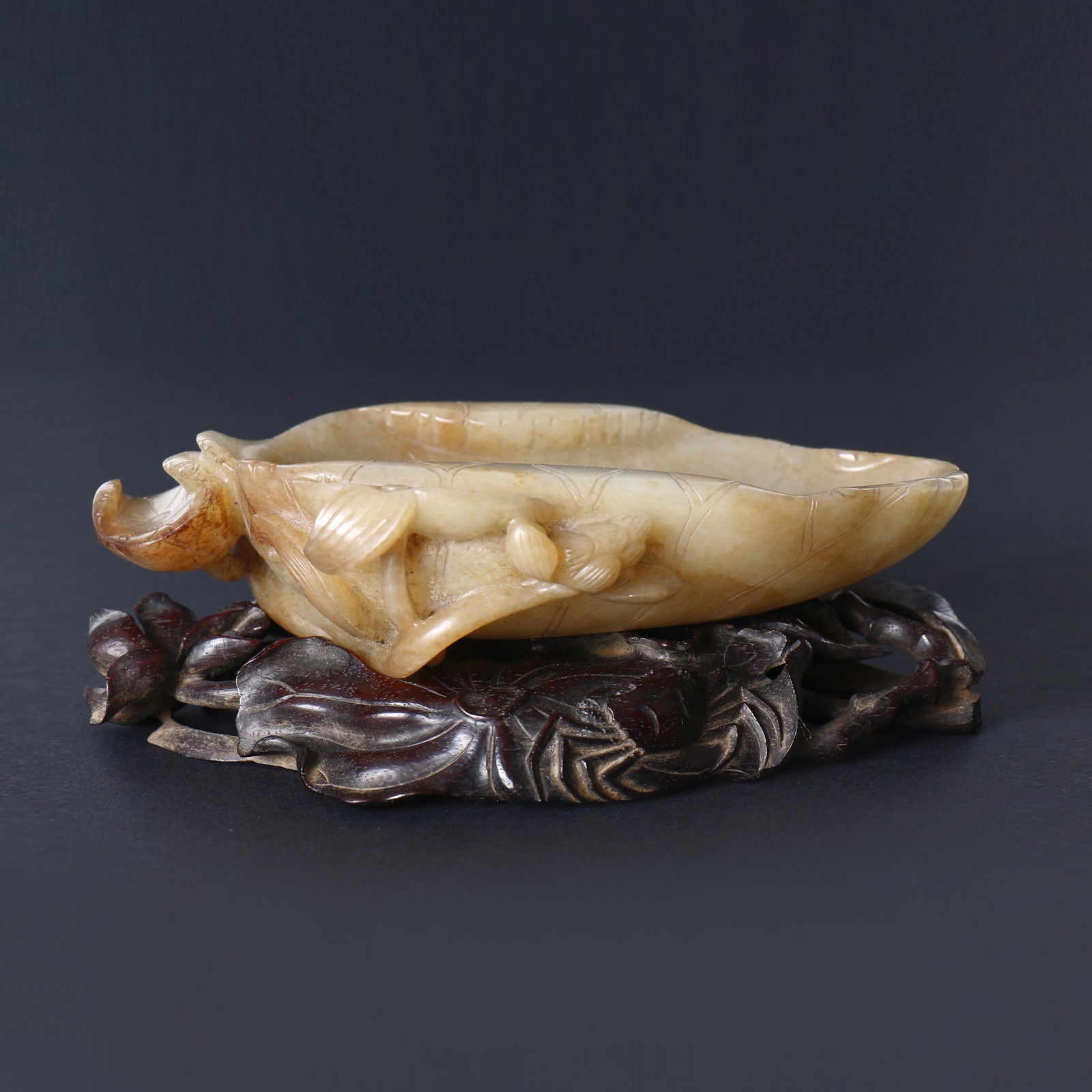A Chinese Jade Carved Lotus Brush Washer With Zitan Hardwood Stand (1 of 11)